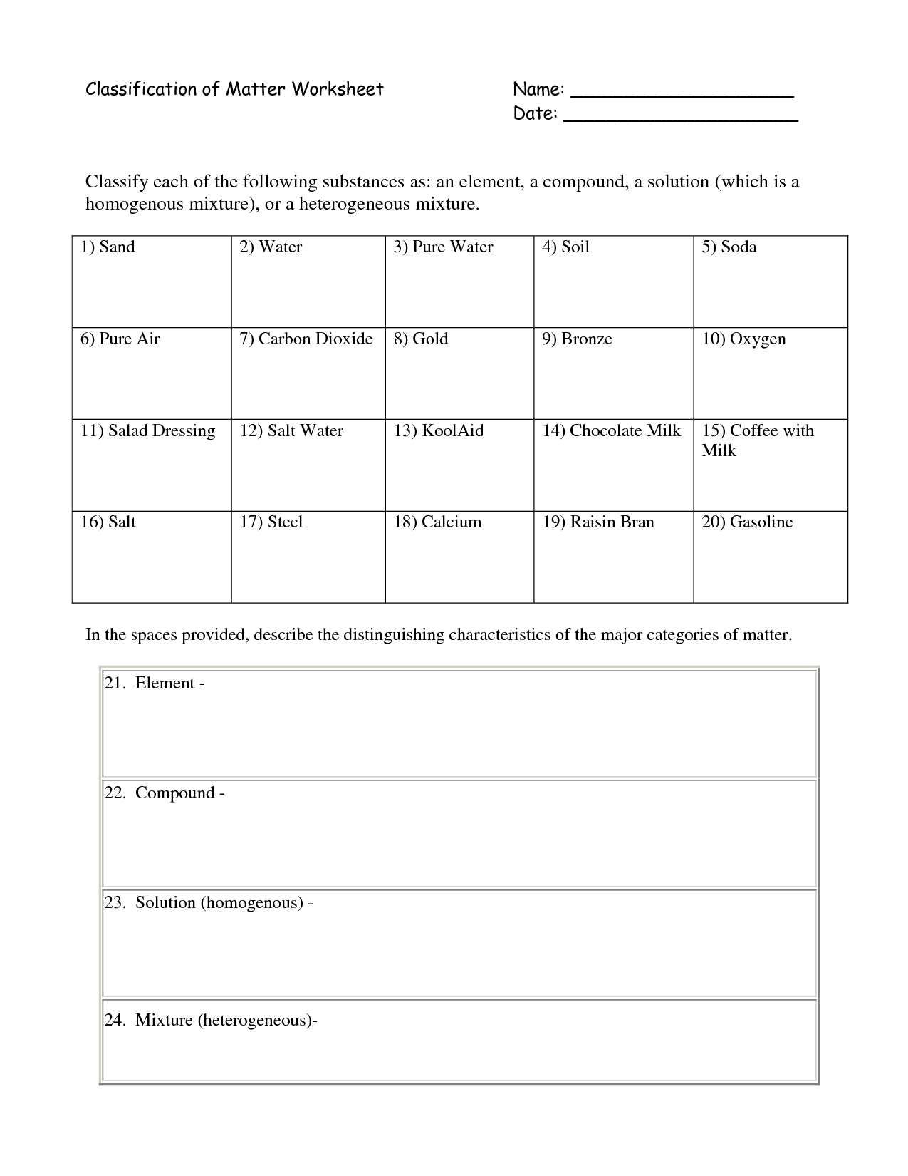 Chapter 15 Classification Of Matter Worksheet Answers