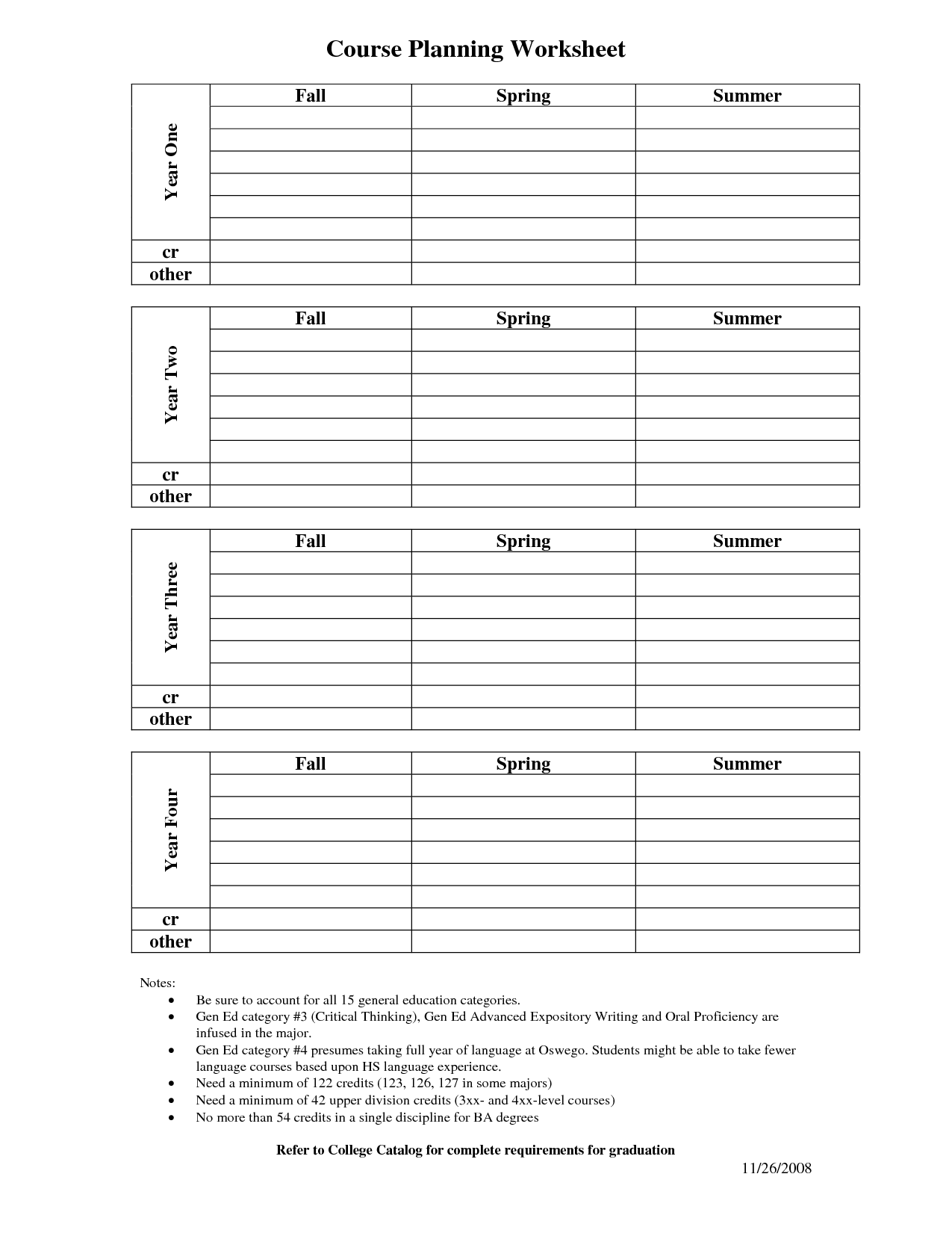 College Course Planning Worksheet