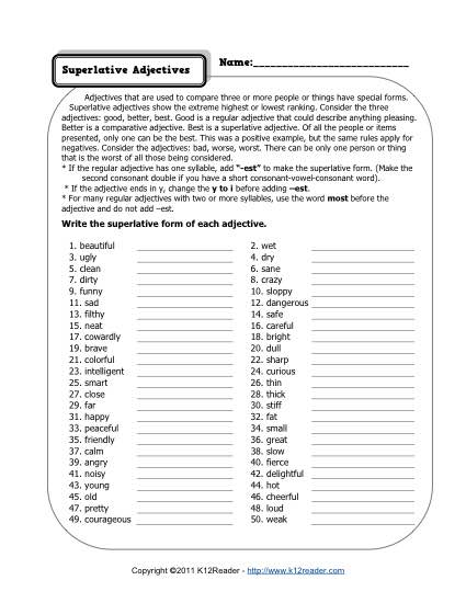 Comparative Superlative Adjective Worksheets 4th Grade Image