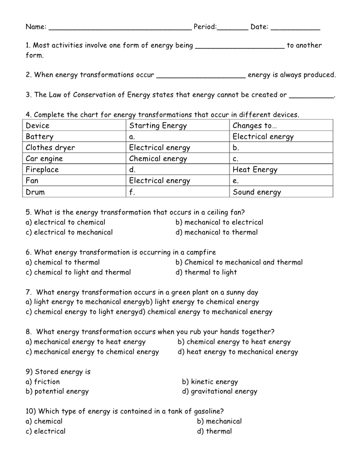Energy Transformation Worksheets