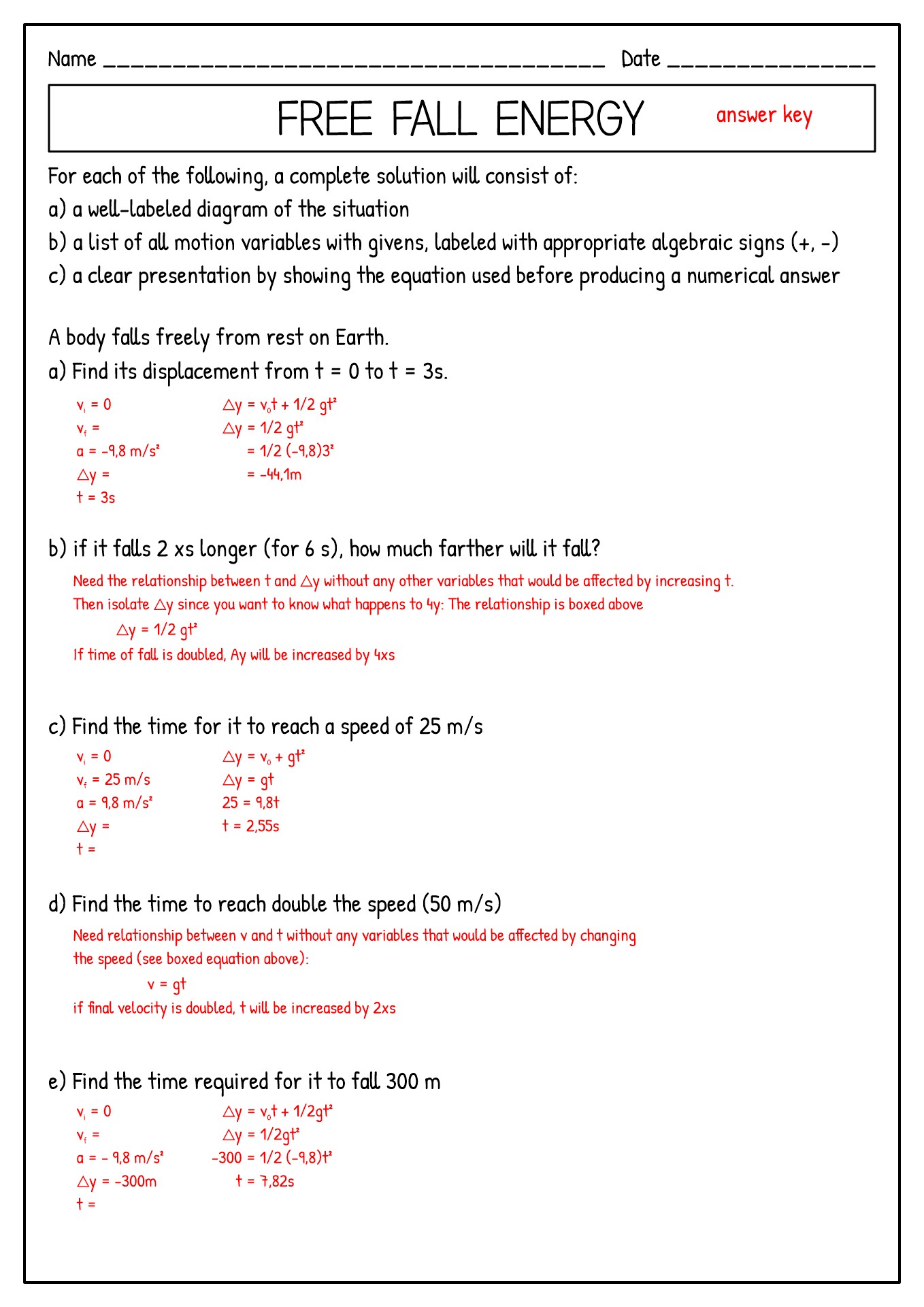 Free Fall Physics Problems Answers Worksheet