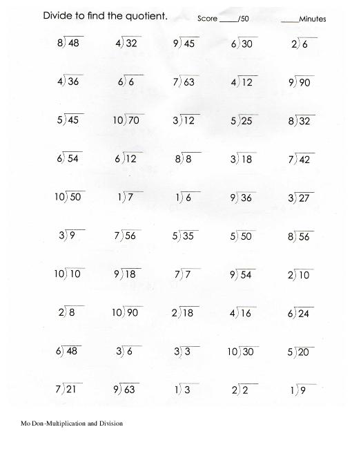 Free Multiplication and Division Worksheets