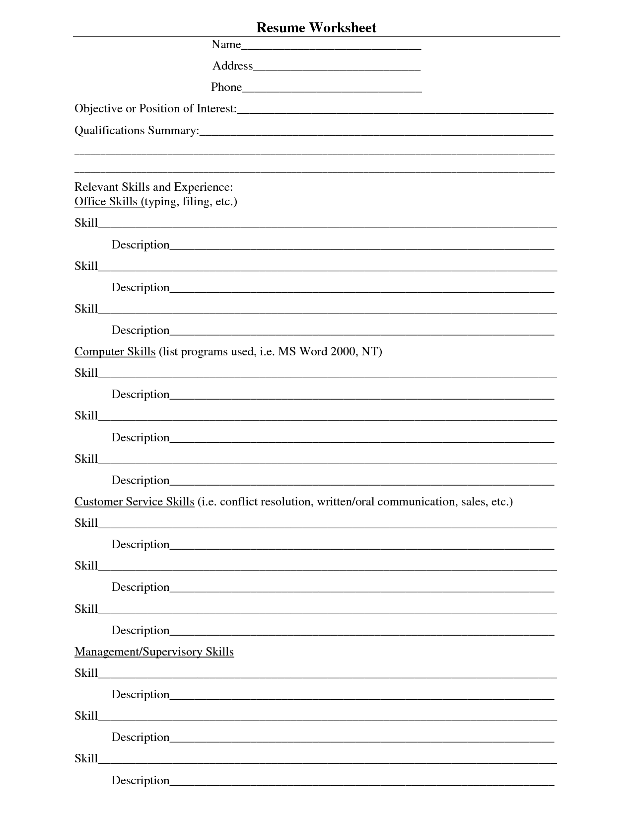 15 Instant Resume Worksheet /