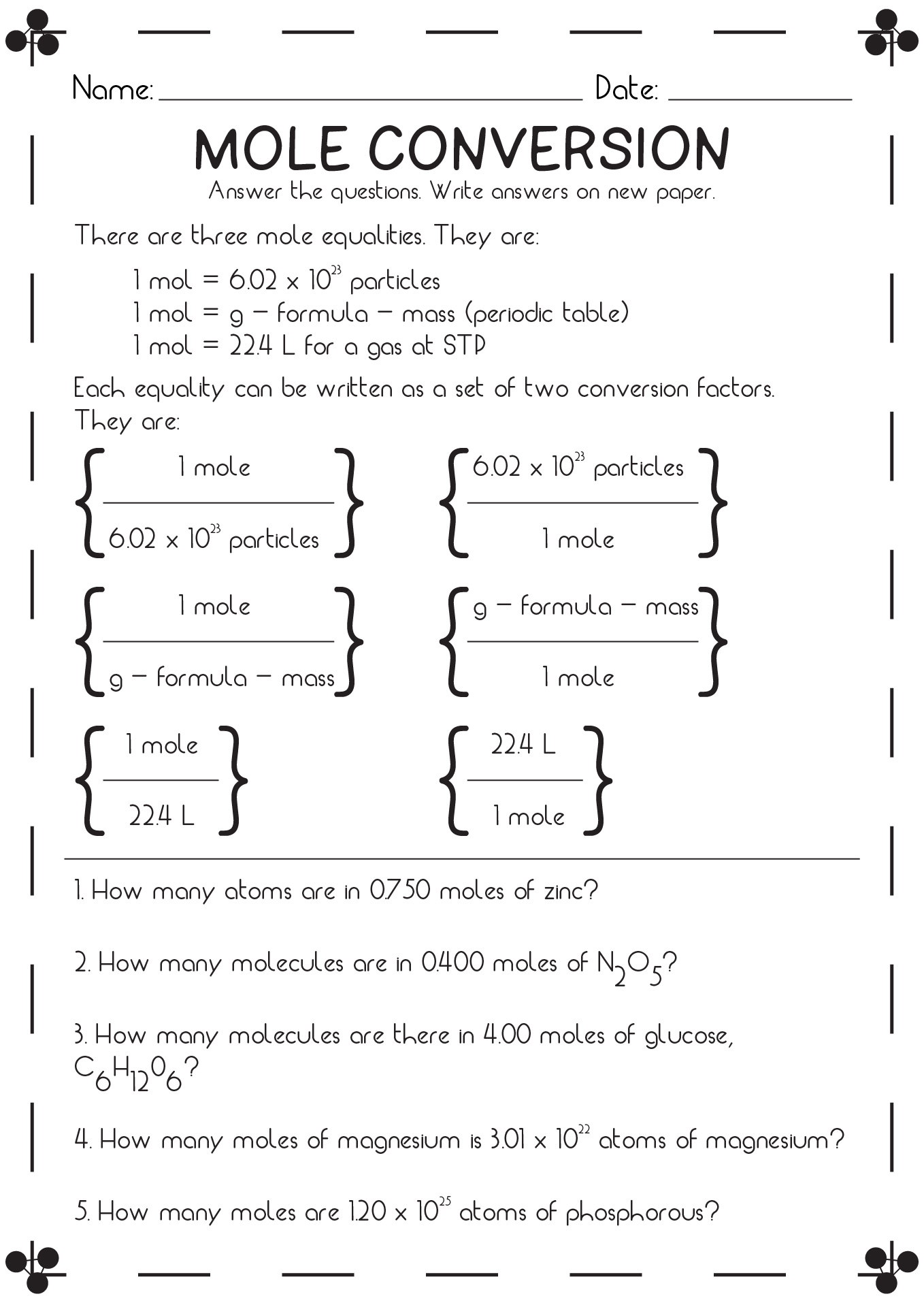 Mole Conversion Table Worksheet Answers