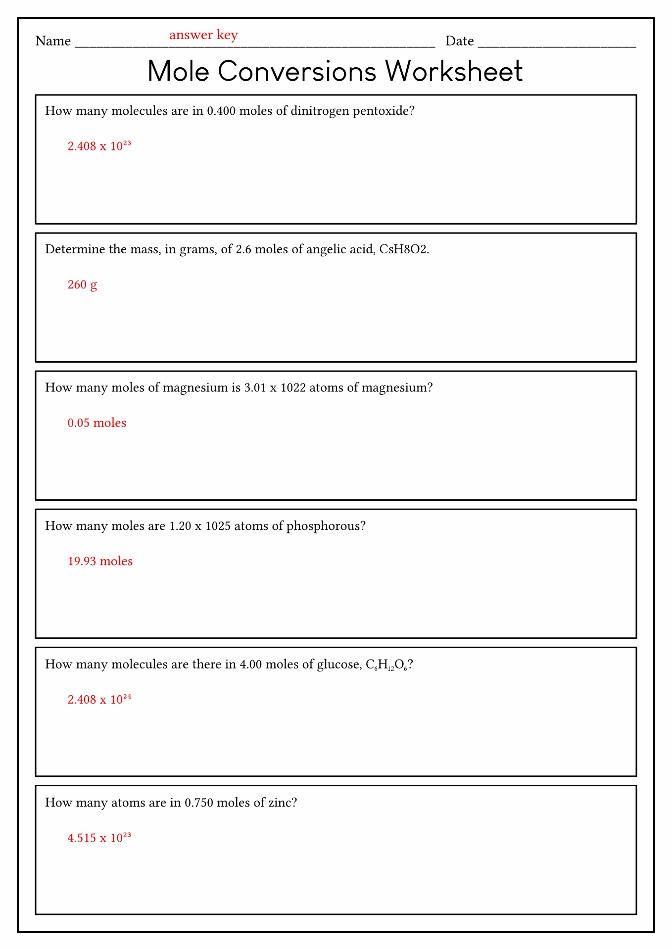 Mole Conversion Worksheet with Answers