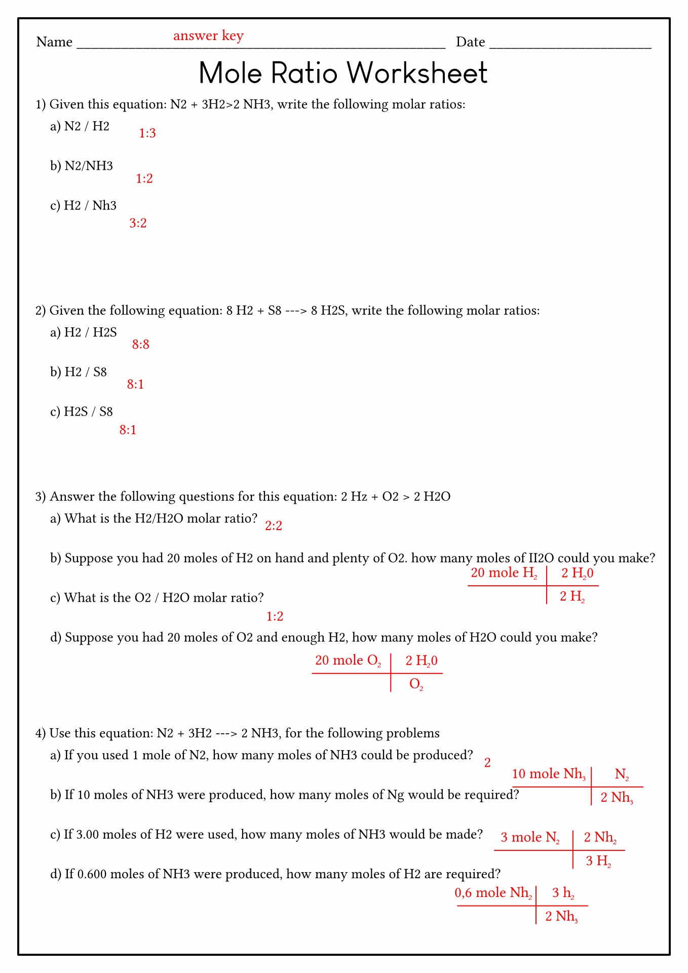 Mole Ratio Worksheet Answers