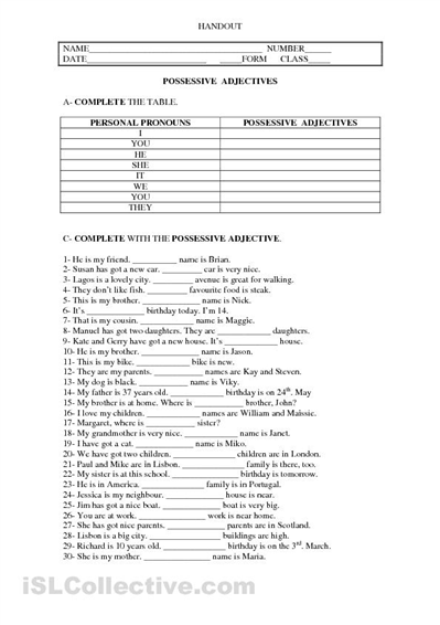 Possessive Adjectives Worksheets Image