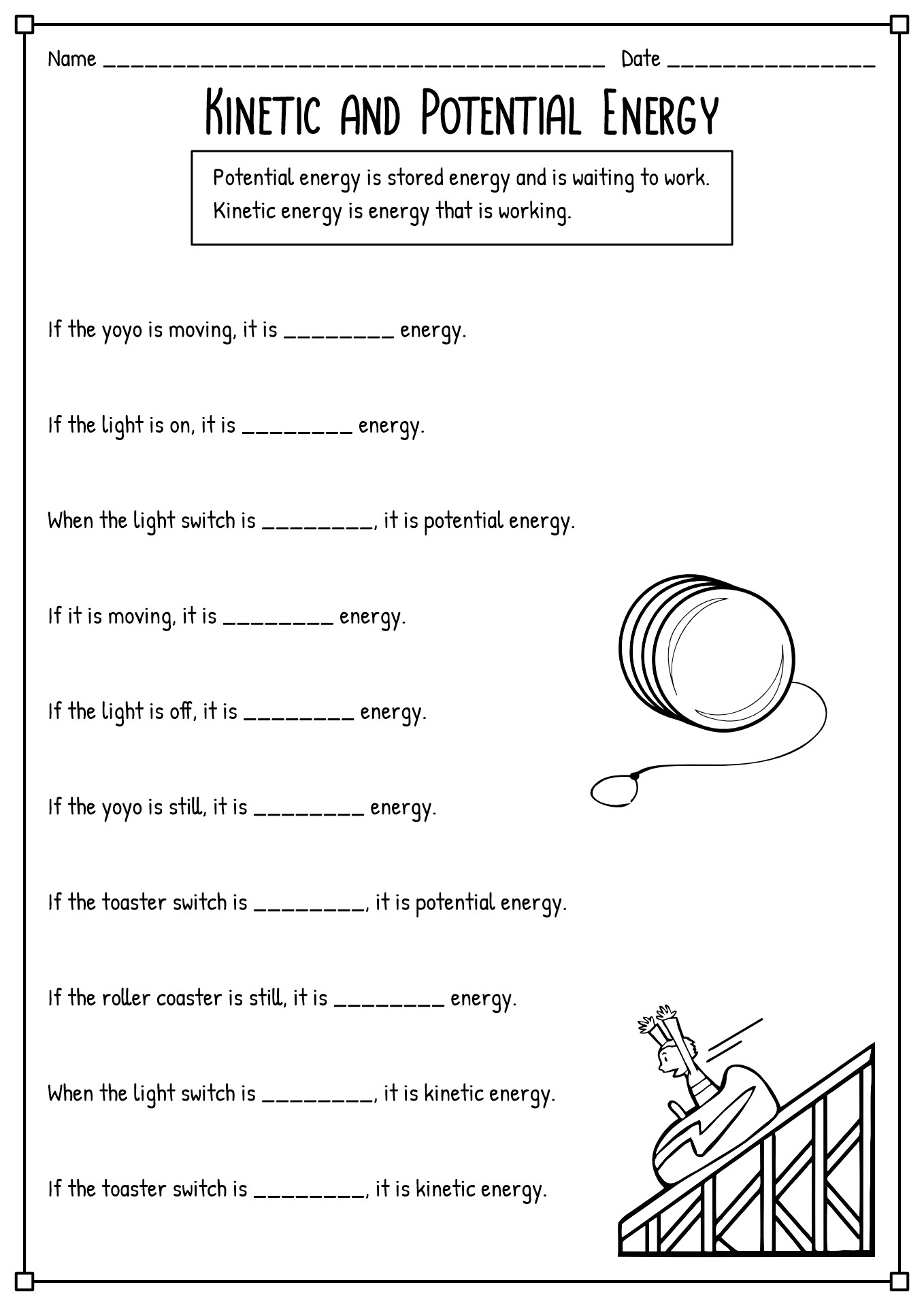 Potential and Kinetic Energy Worksheets Middle School