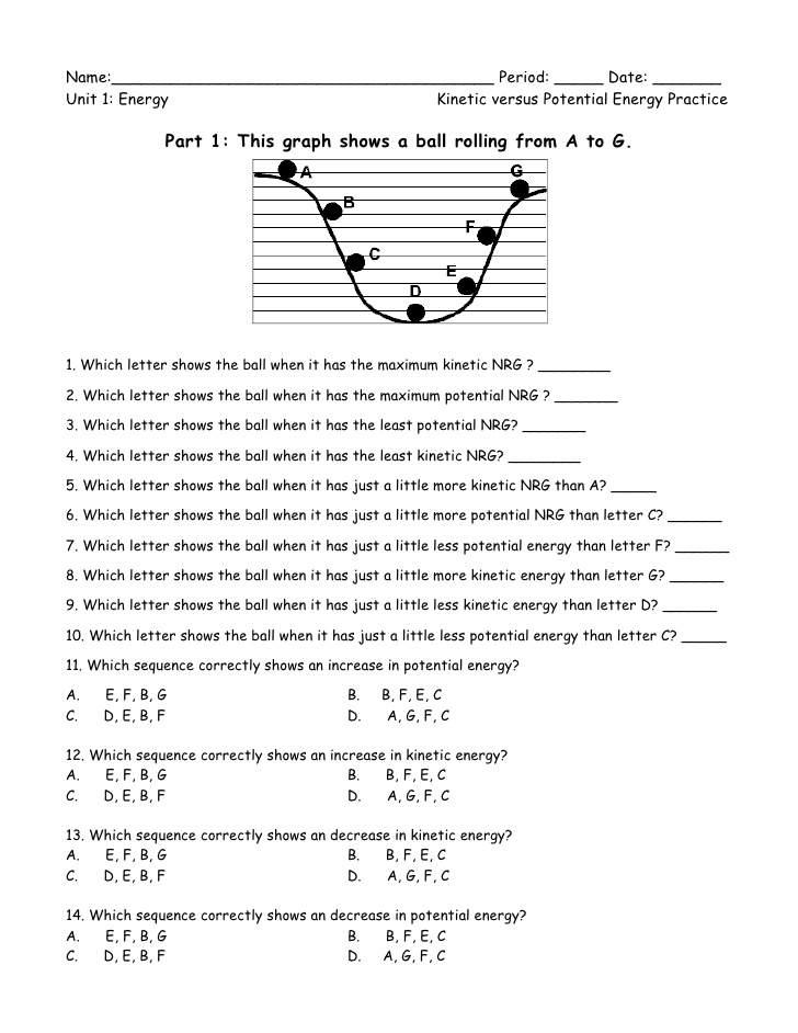Potential and Kinetic Energy Worksheets Image