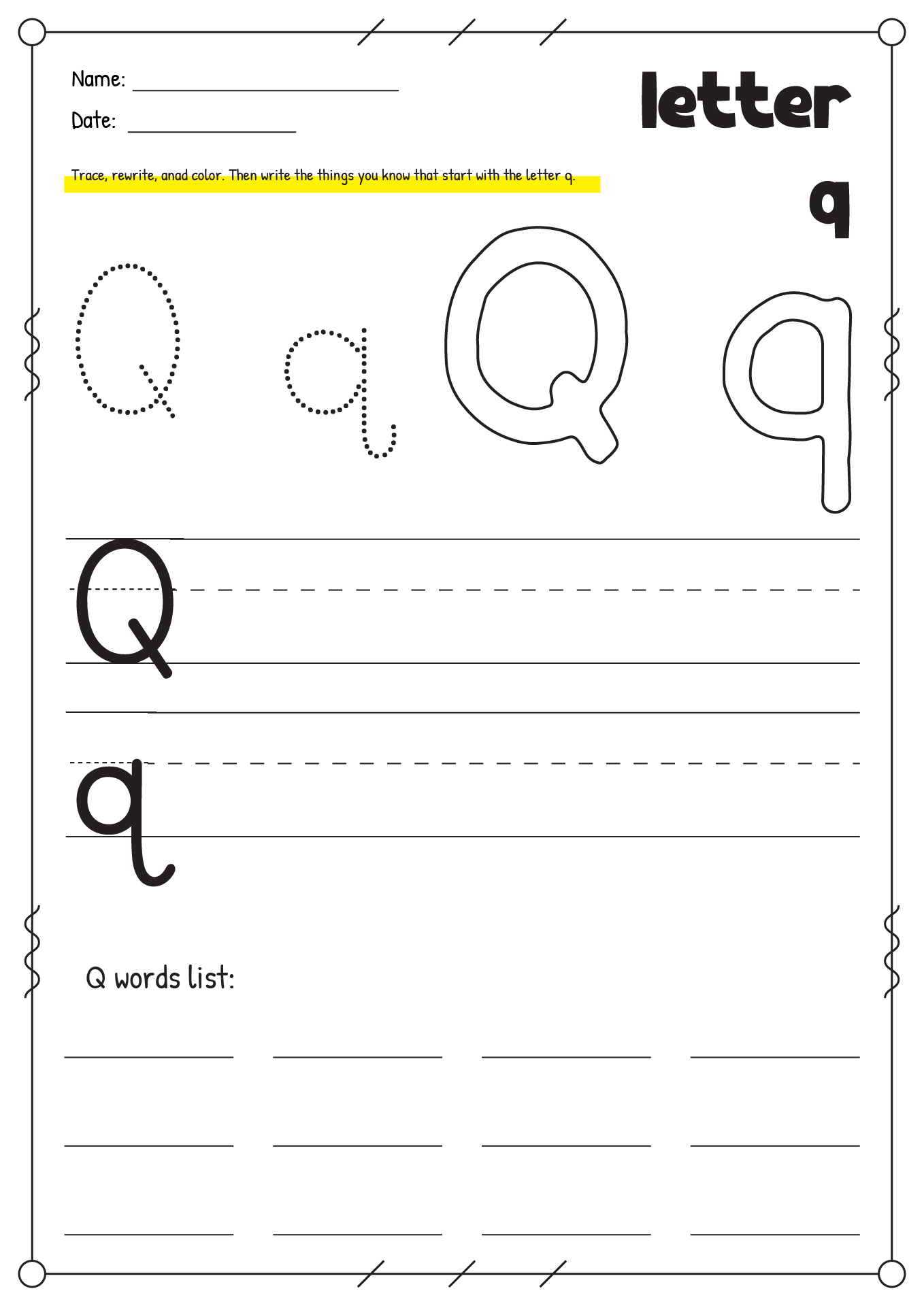 Printable Letter Q Worksheets