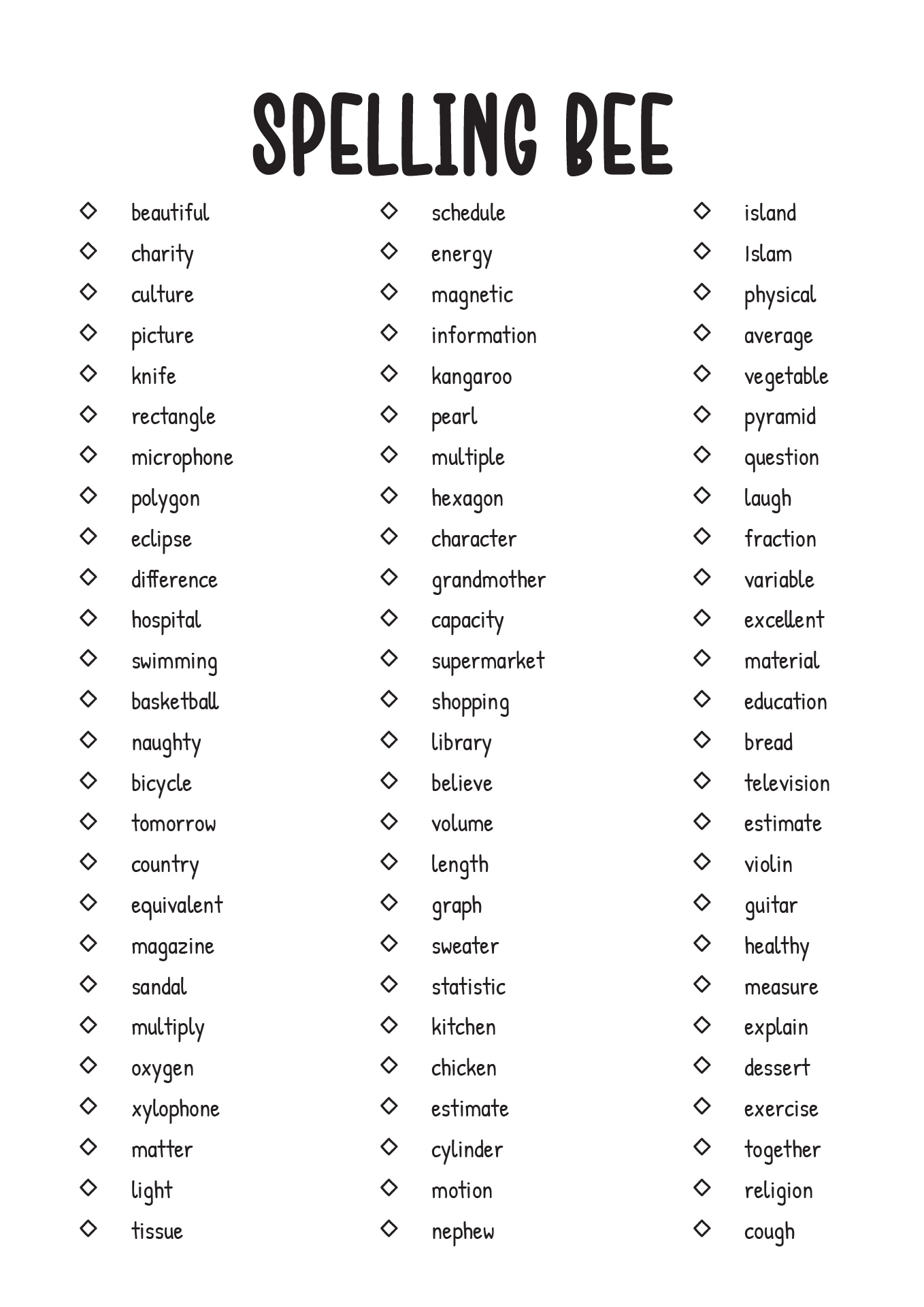 Spelling Bee Word List Image