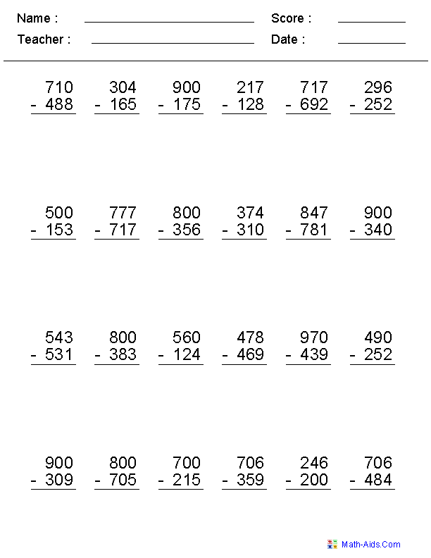 Subtraction Across Zero Worksheets Image