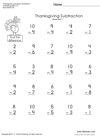 1st Grade Thanksgiving Subtraction Worksheets Image