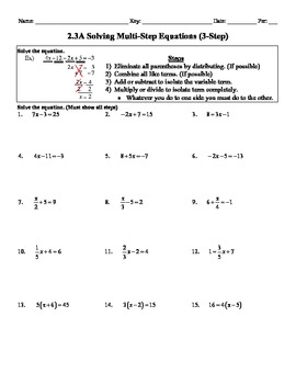 Algebra Solving Multi-Step Equations Worksheet Image