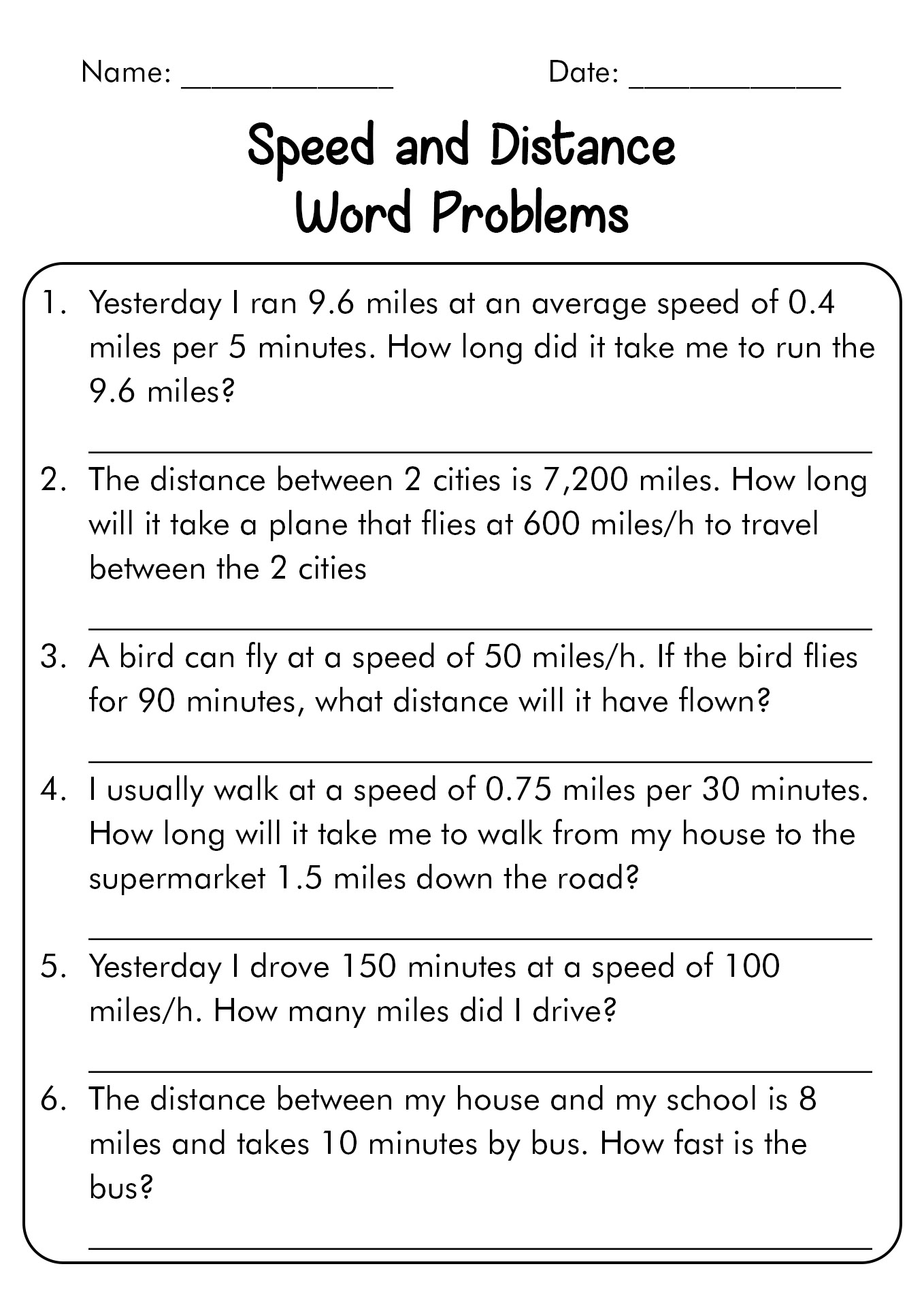 Distance Rate Time Word Problems Worksheets