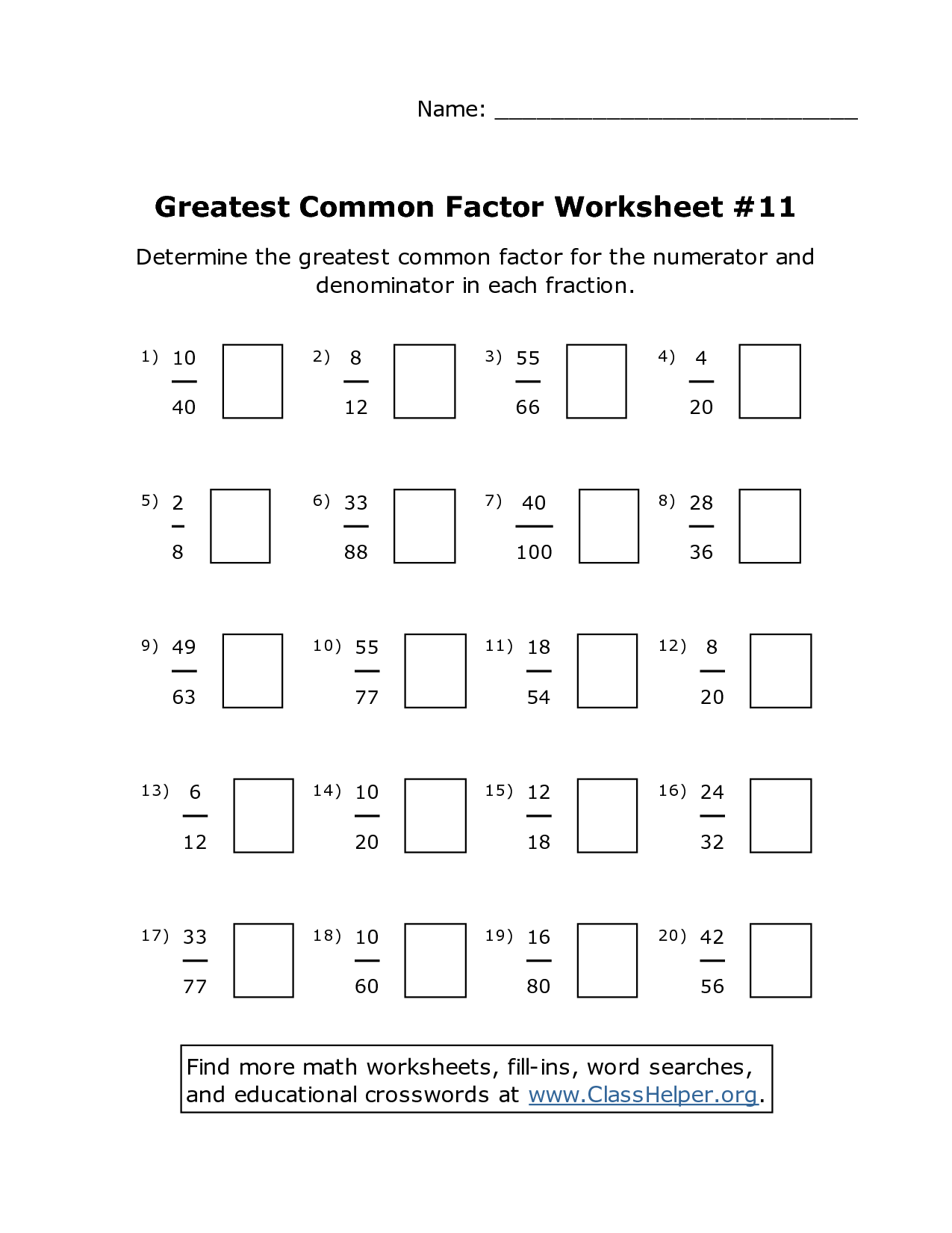 Factoring Greatest Common Factor Worksheet