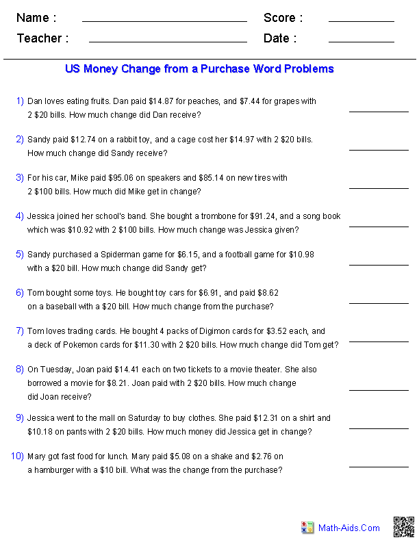Making Change Word Problems Worksheets Image