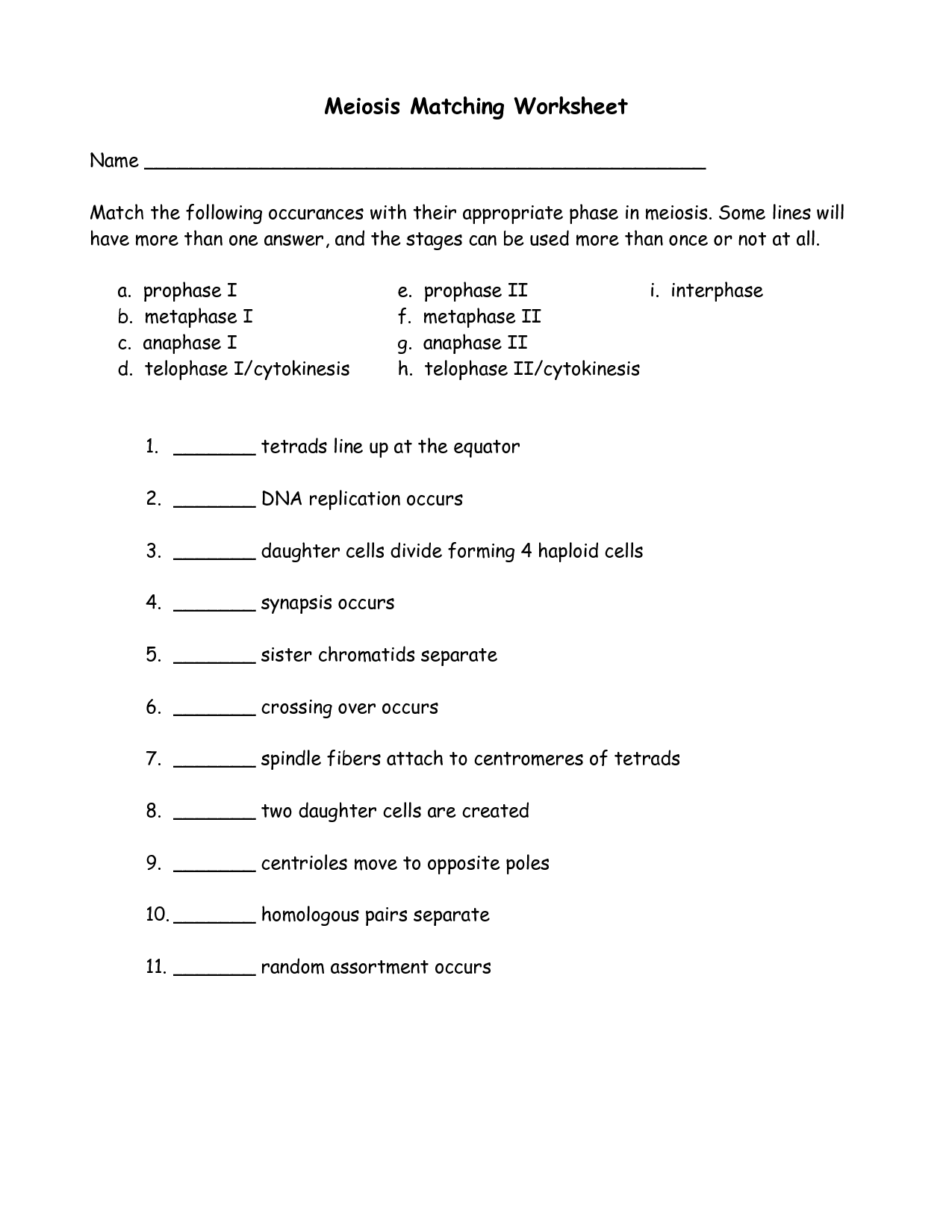 Meiosis Matching Worksheet Answer Key Image