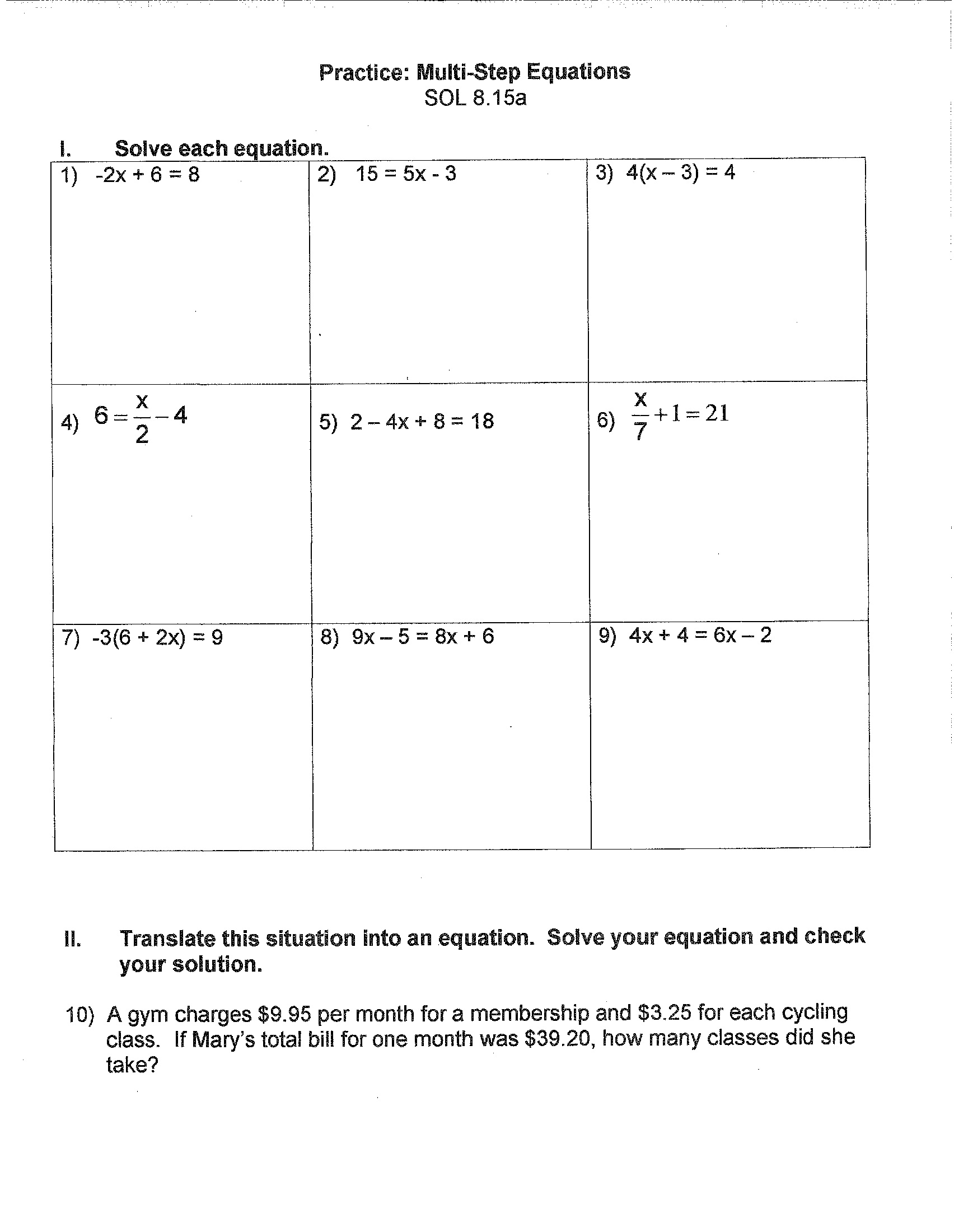 Multi-Step Equations Worksheets Image