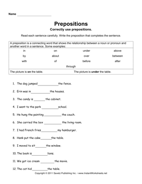 Preposition Worksheets Image