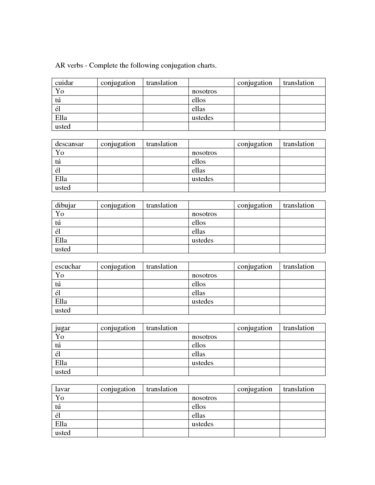 Conjugation Chart For Ar Verbs Worksheet