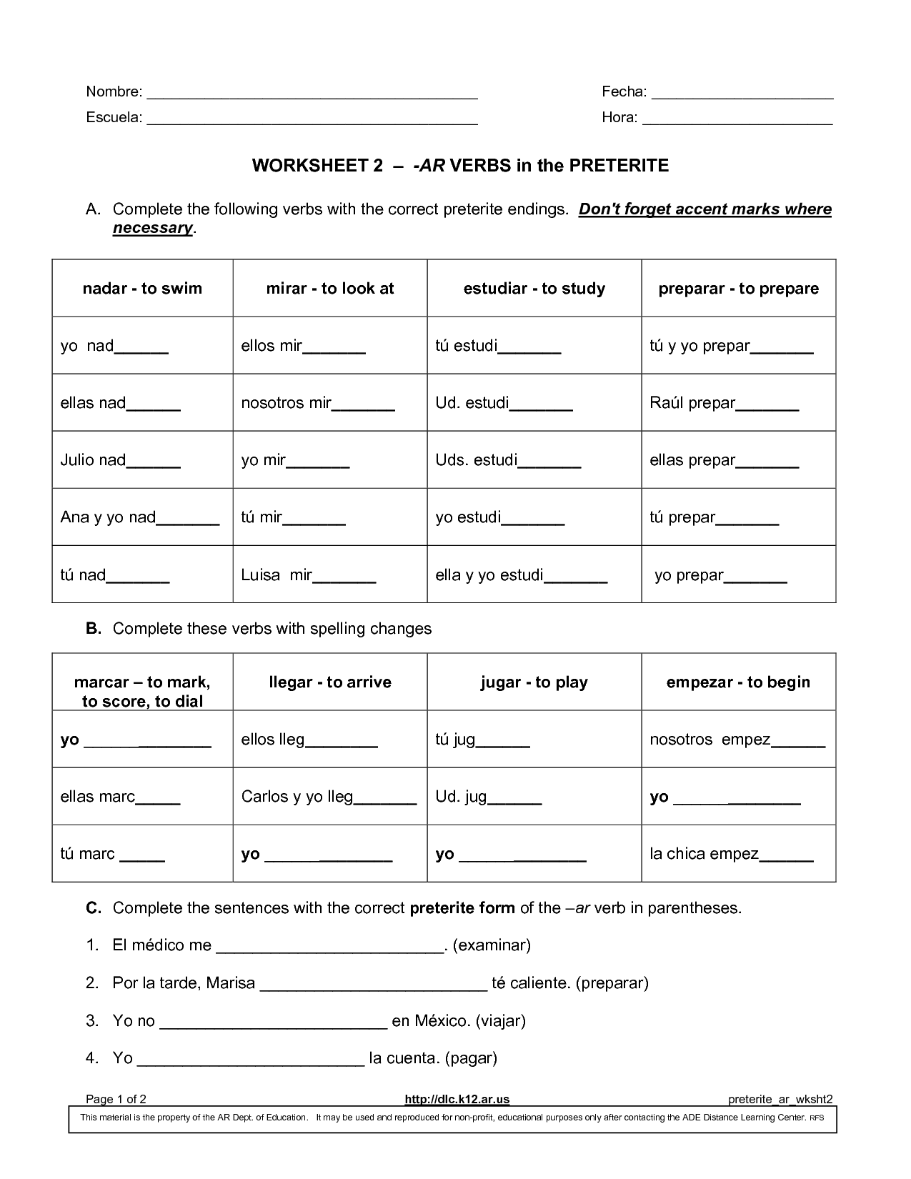 Worksheet Regular Ar Verbs Preterite