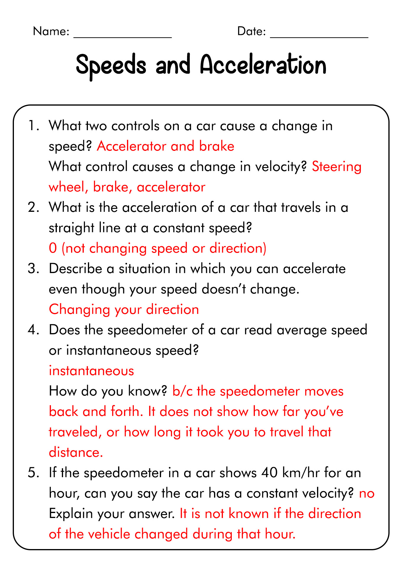Speed and Acceleration Worksheet Answers