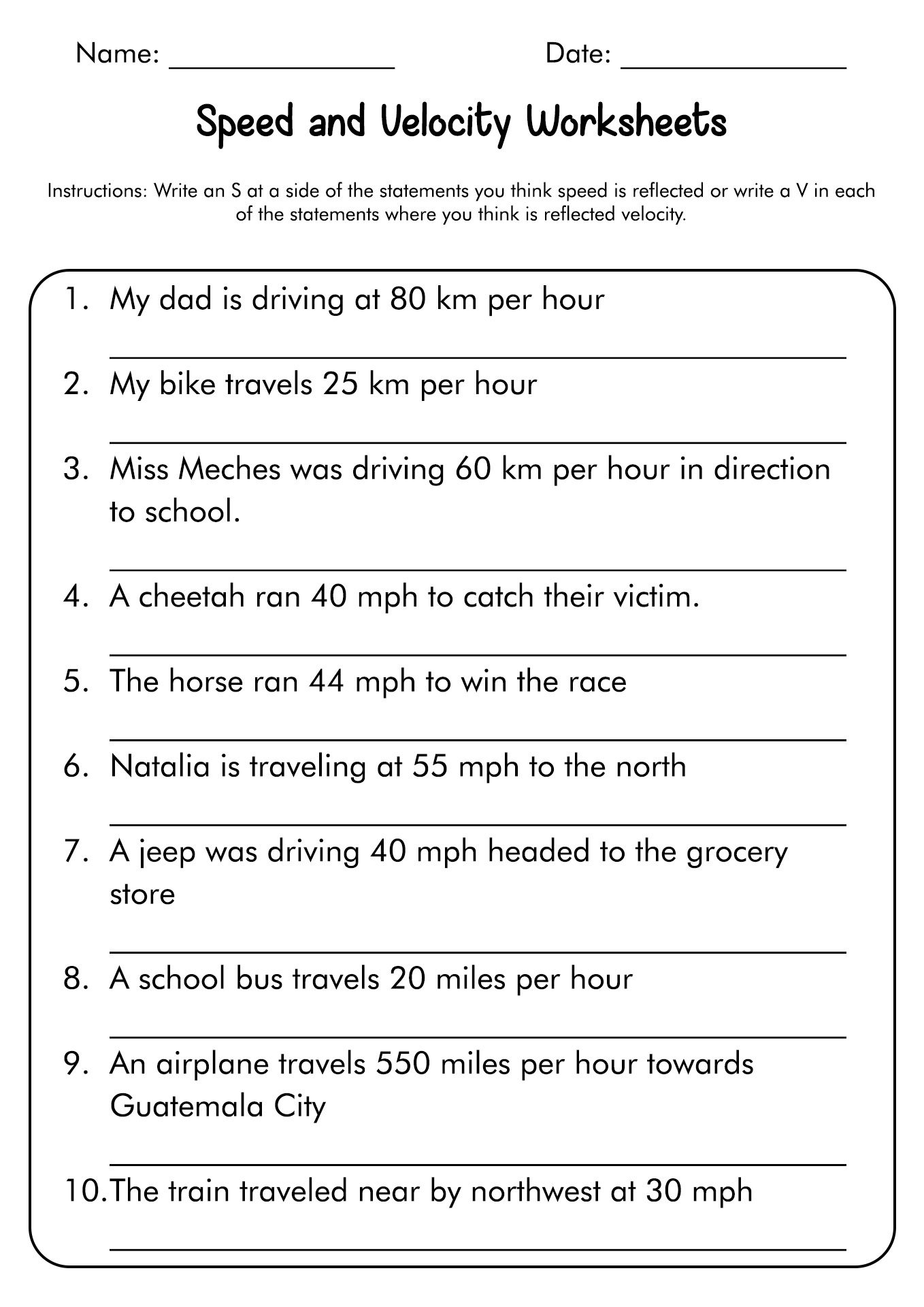 Speed and Velocity Worksheets