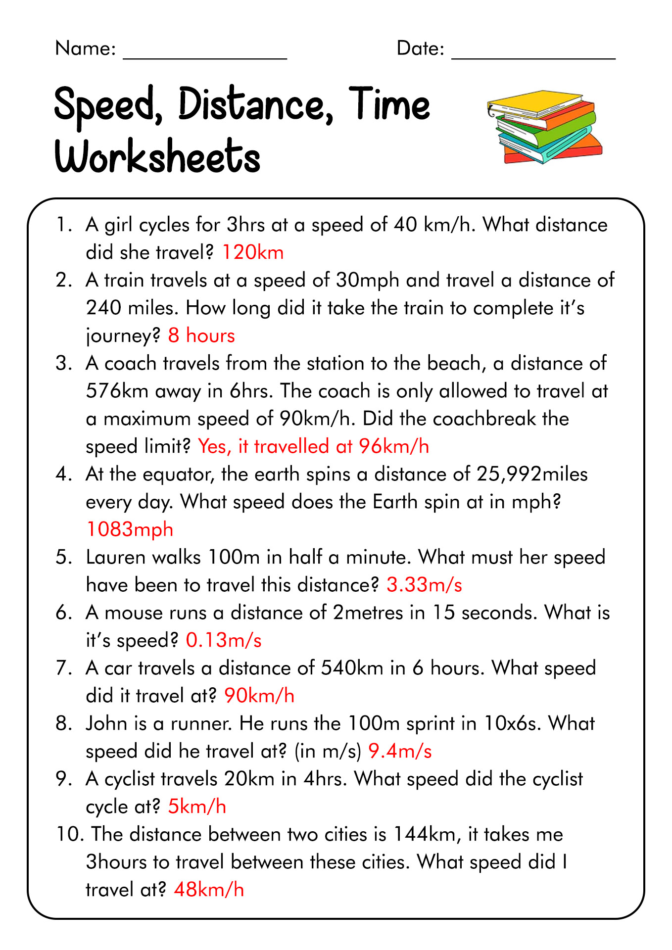 Speed Distance Time Worksheet and Answers