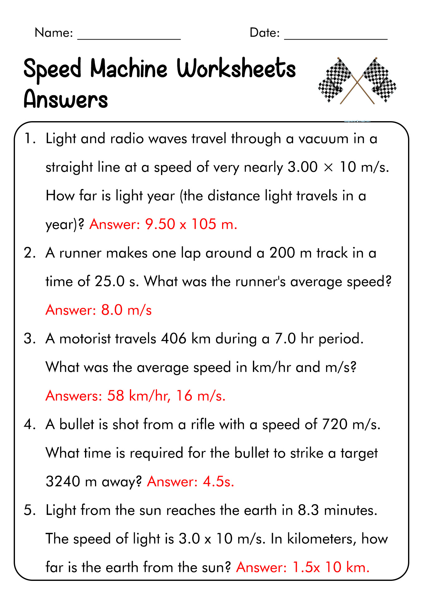 Speed Machines Worksheet Answers
