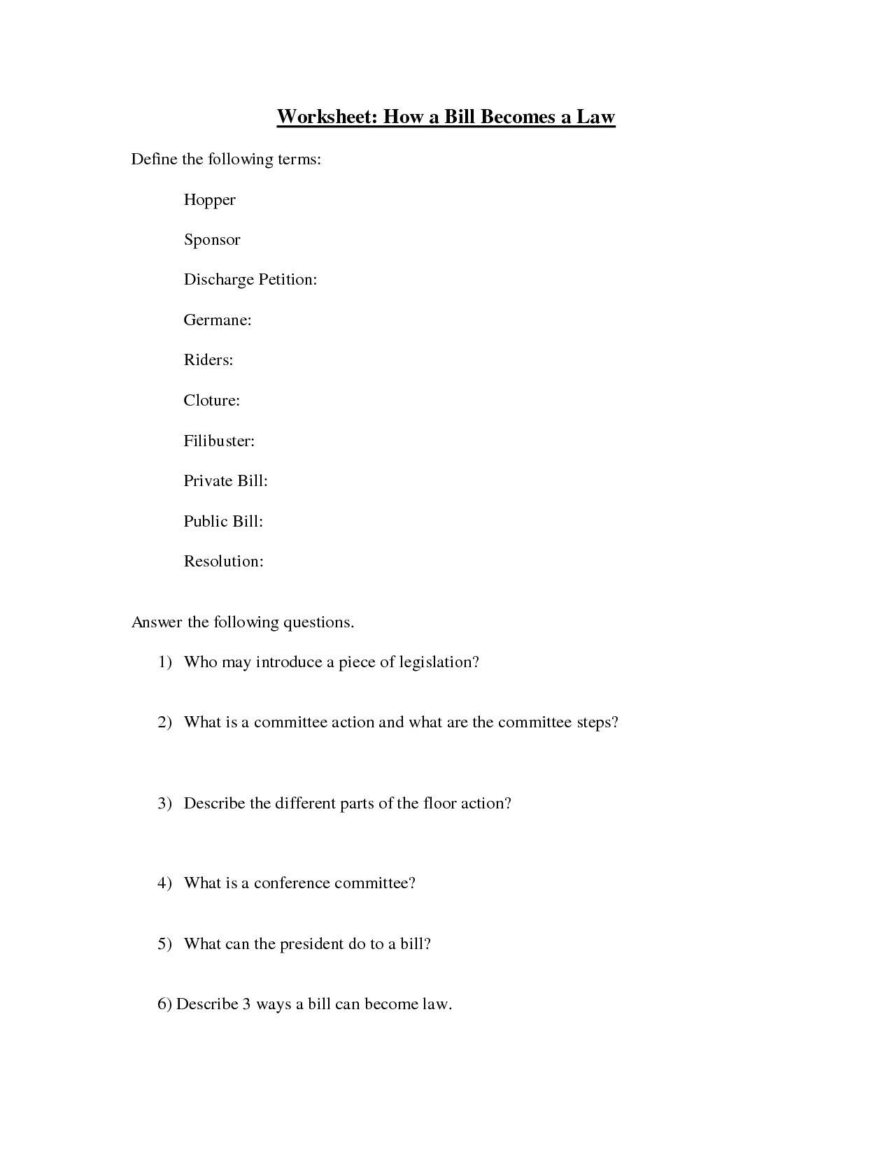 Steps How a Bill Becomes a Law Worksheet Image