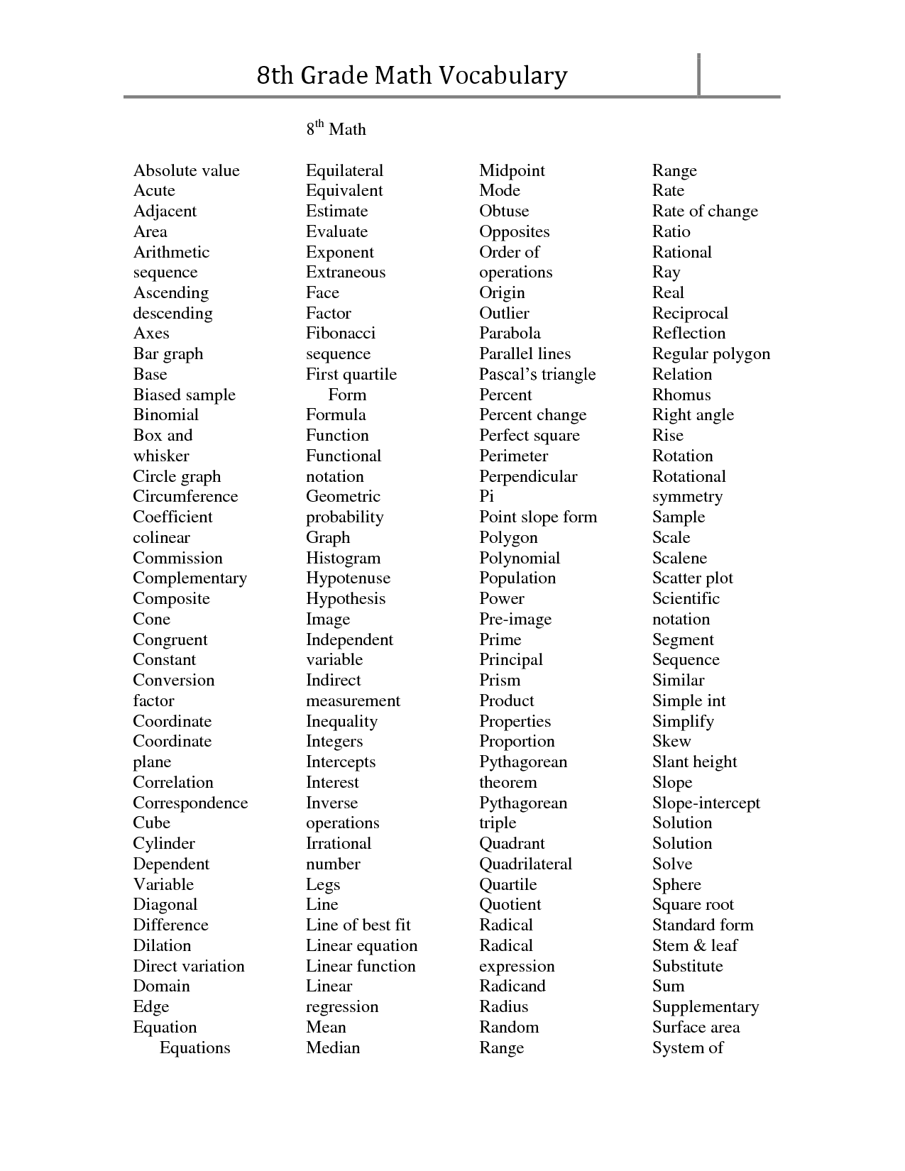 8th Grade Math Vocabulary Worksheets
