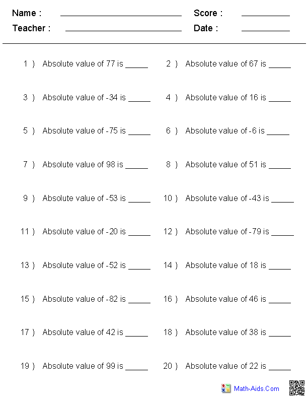 Absolute Value Integers Opposites Worksheet