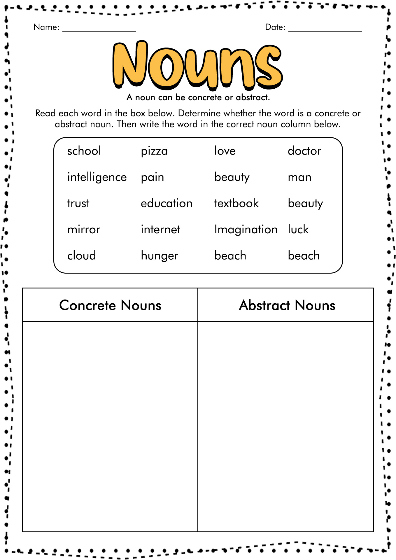 Abstract Concrete Nouns Worksheet Image