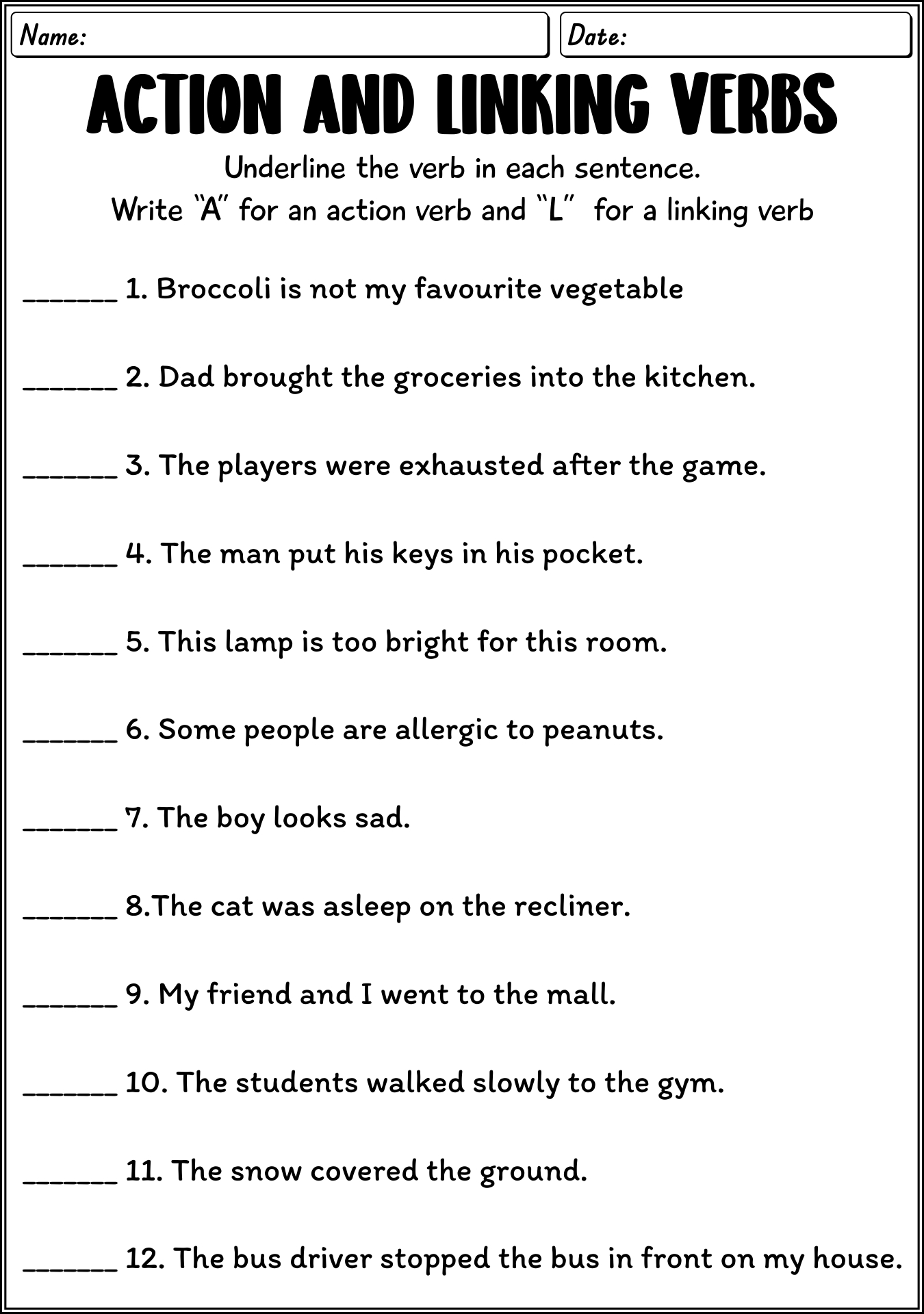 Linking Verbs Worksheets