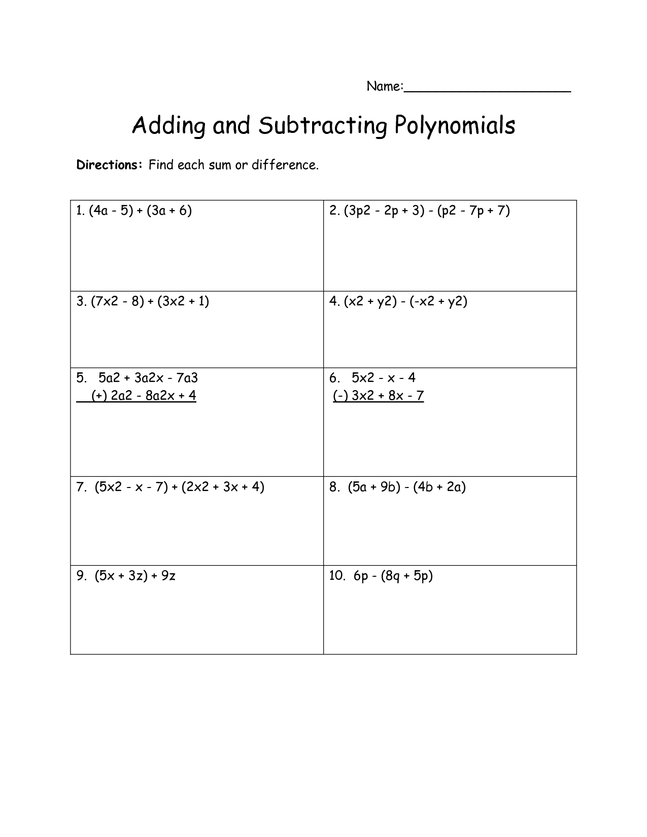 Adding and Subtracting Polynomials Worksheets Image