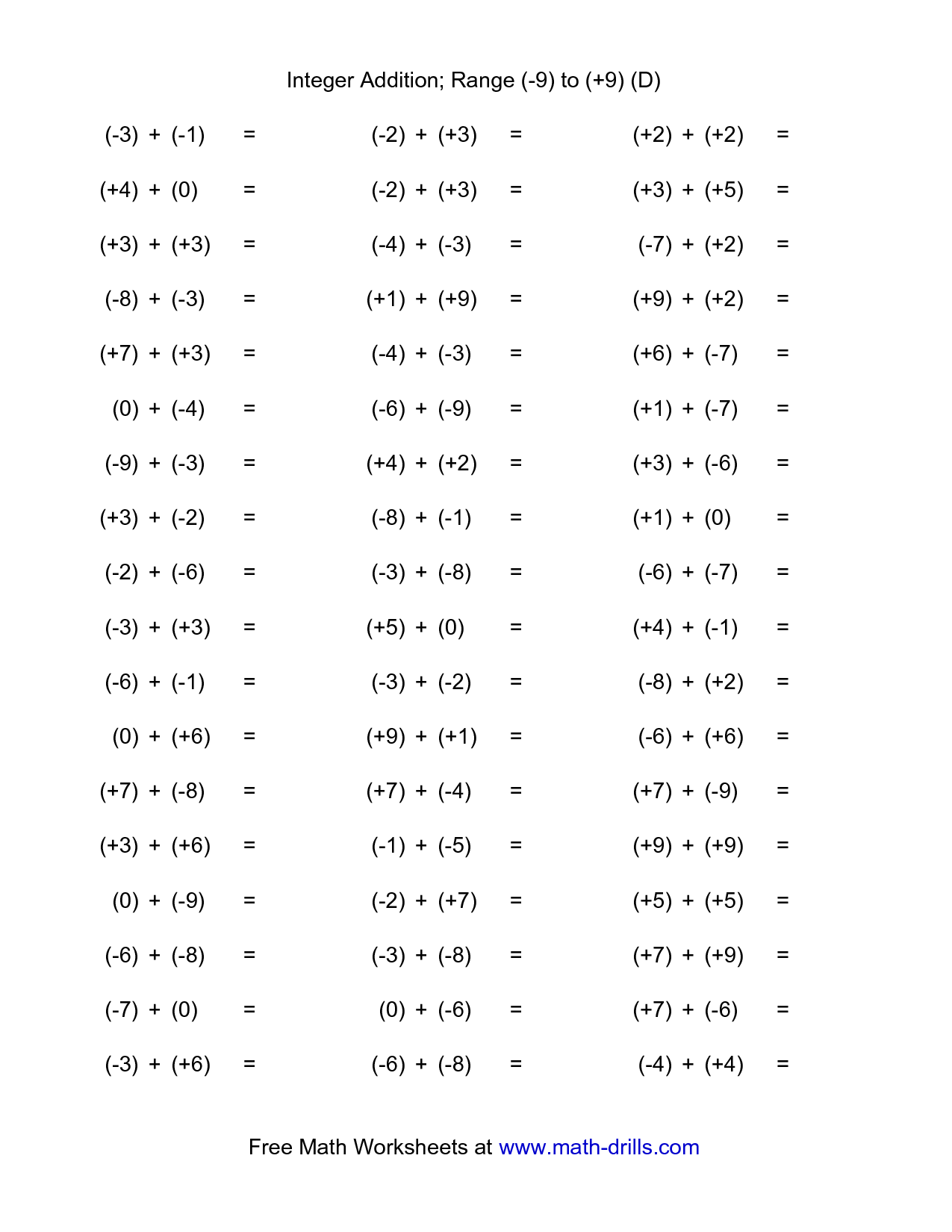 Adding Integers Printable Worksheet