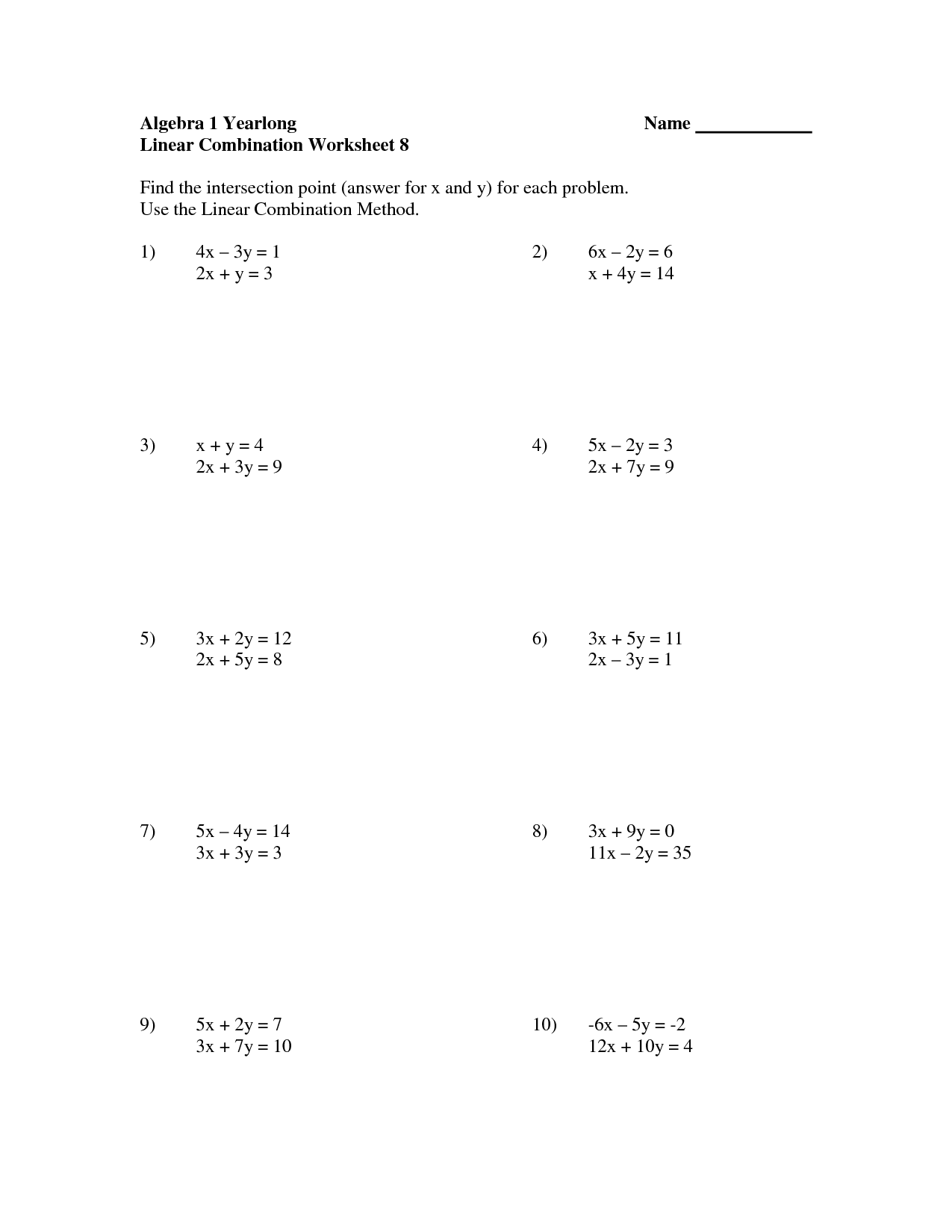 Algebra 1 Linear Equation Worksheets Image