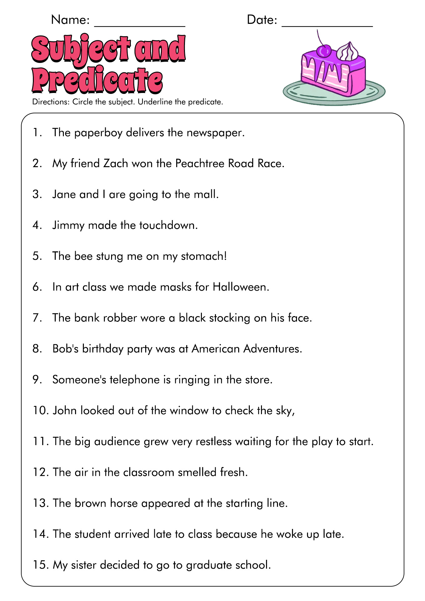 Complete Subject and Predicate Worksheets Image