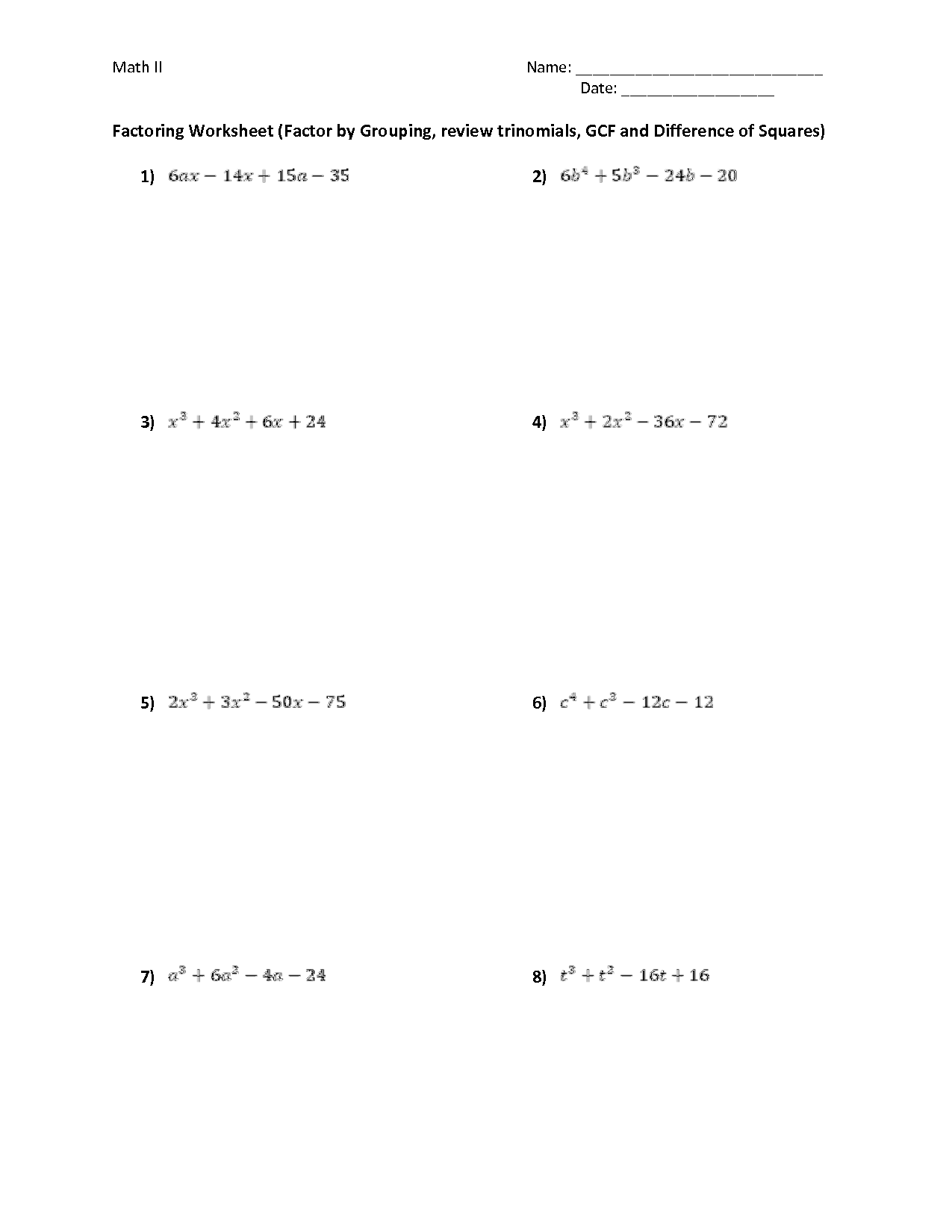 Factoring by Grouping Worksheet Image