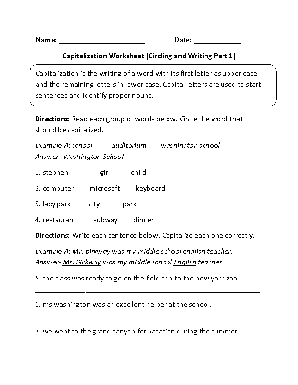 First Grade Capitalization Worksheets Image