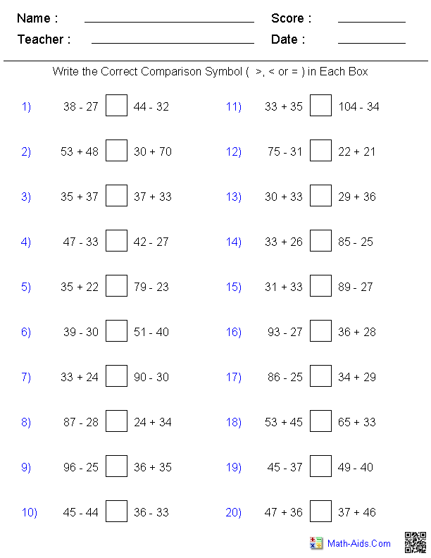 Greater than Less than Math Worksheets Image