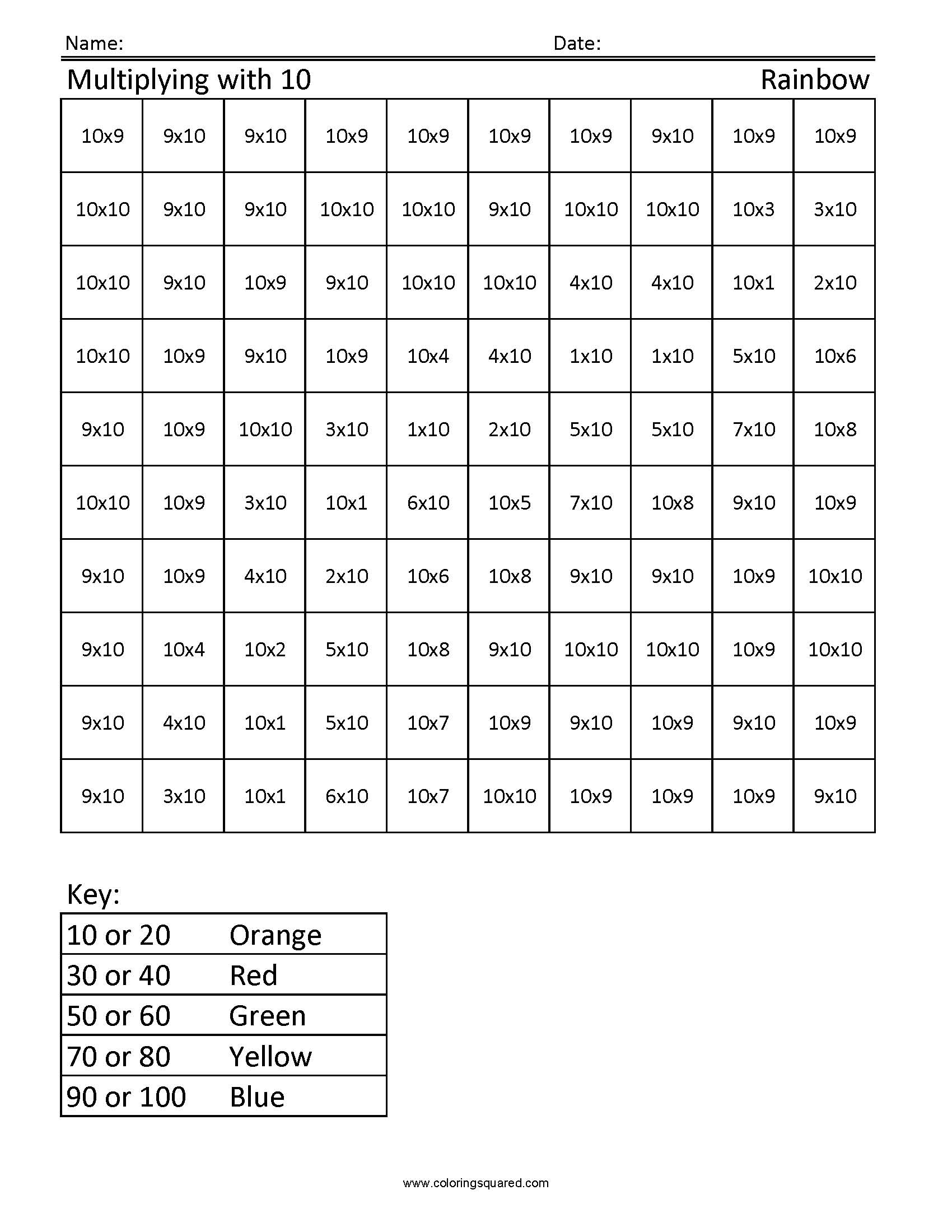 Multiplication Table Coloring Sheet Image