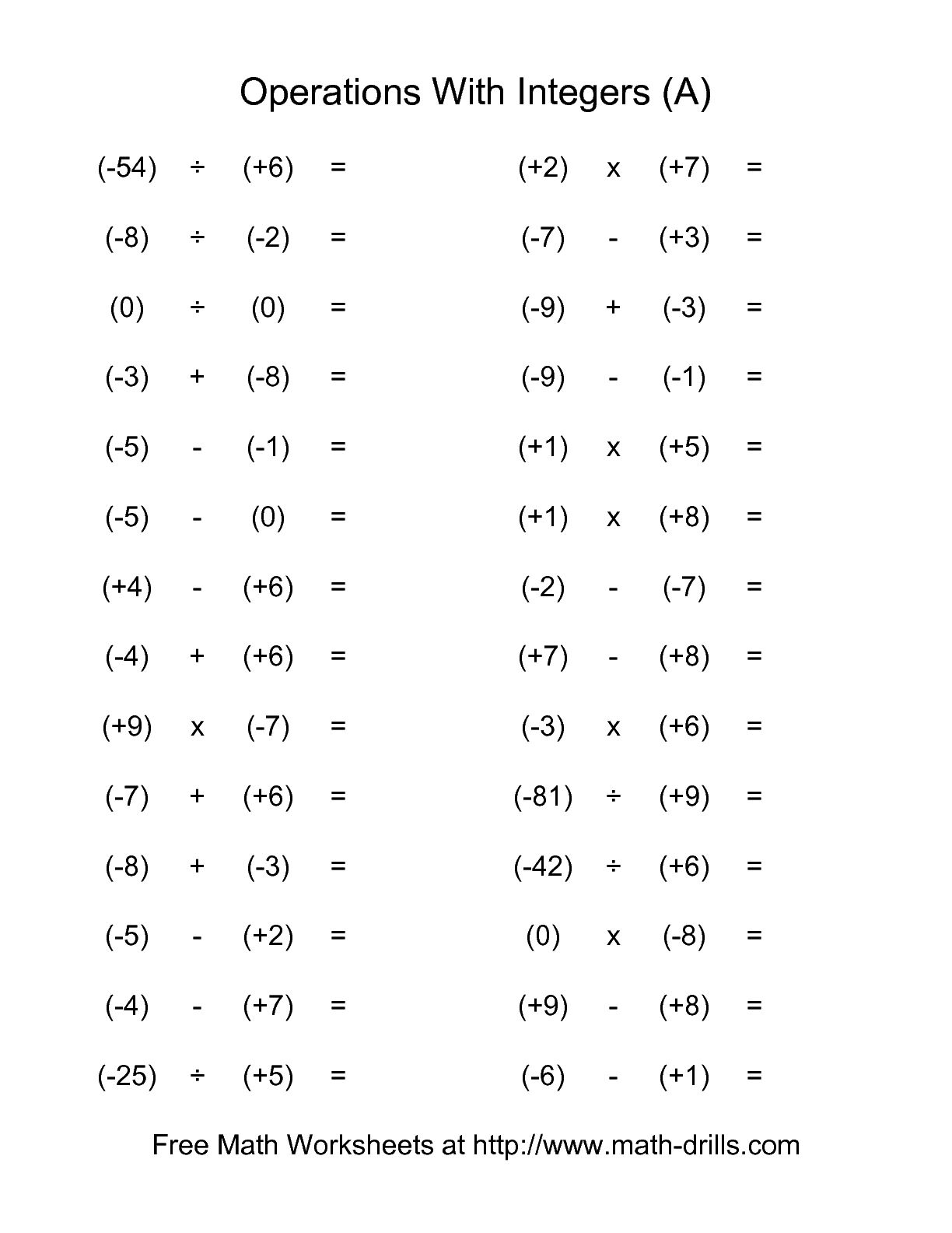 Operations with Integers Worksheet