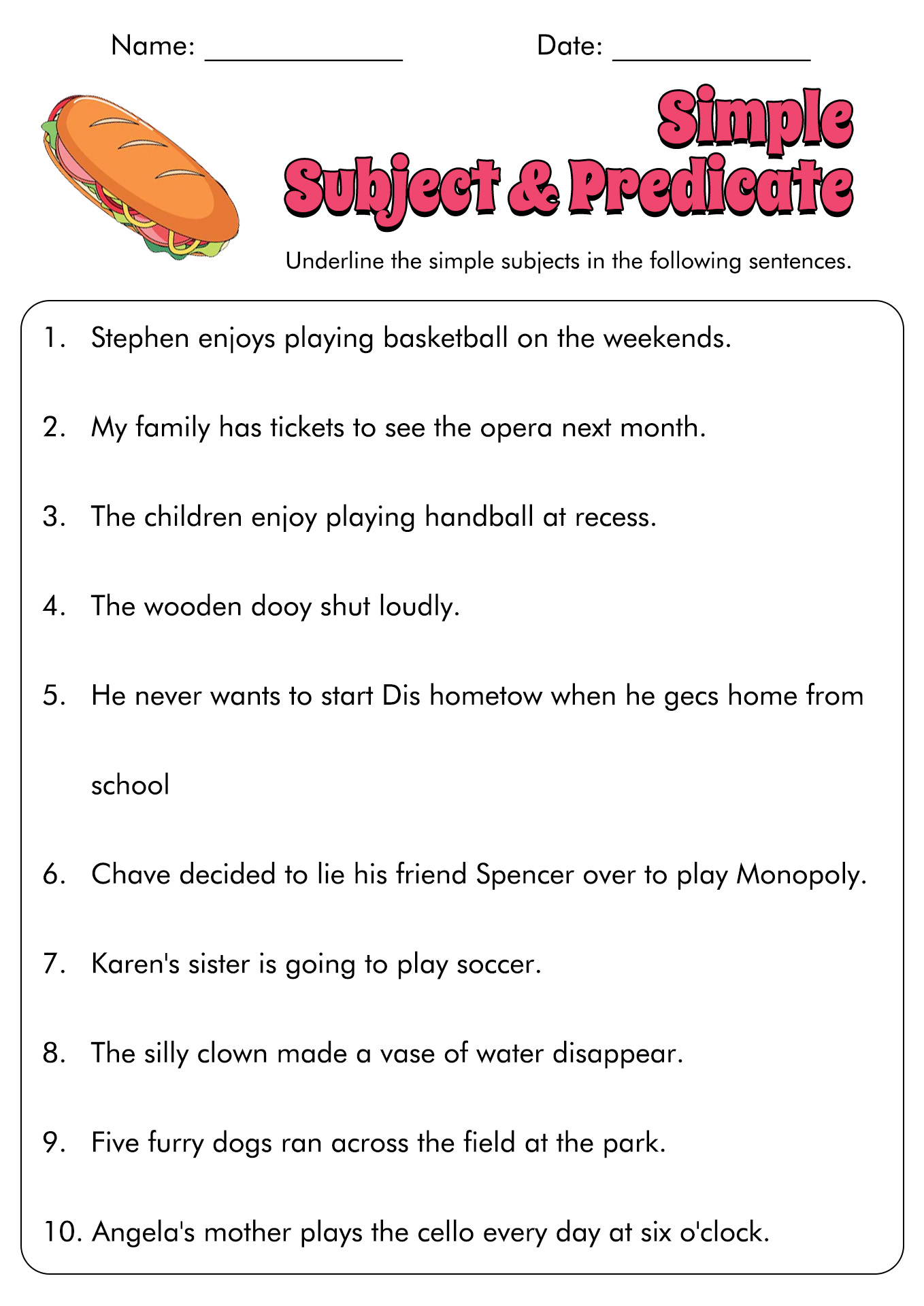Subject and Predicate Sentences Worksheets for 3rd Image