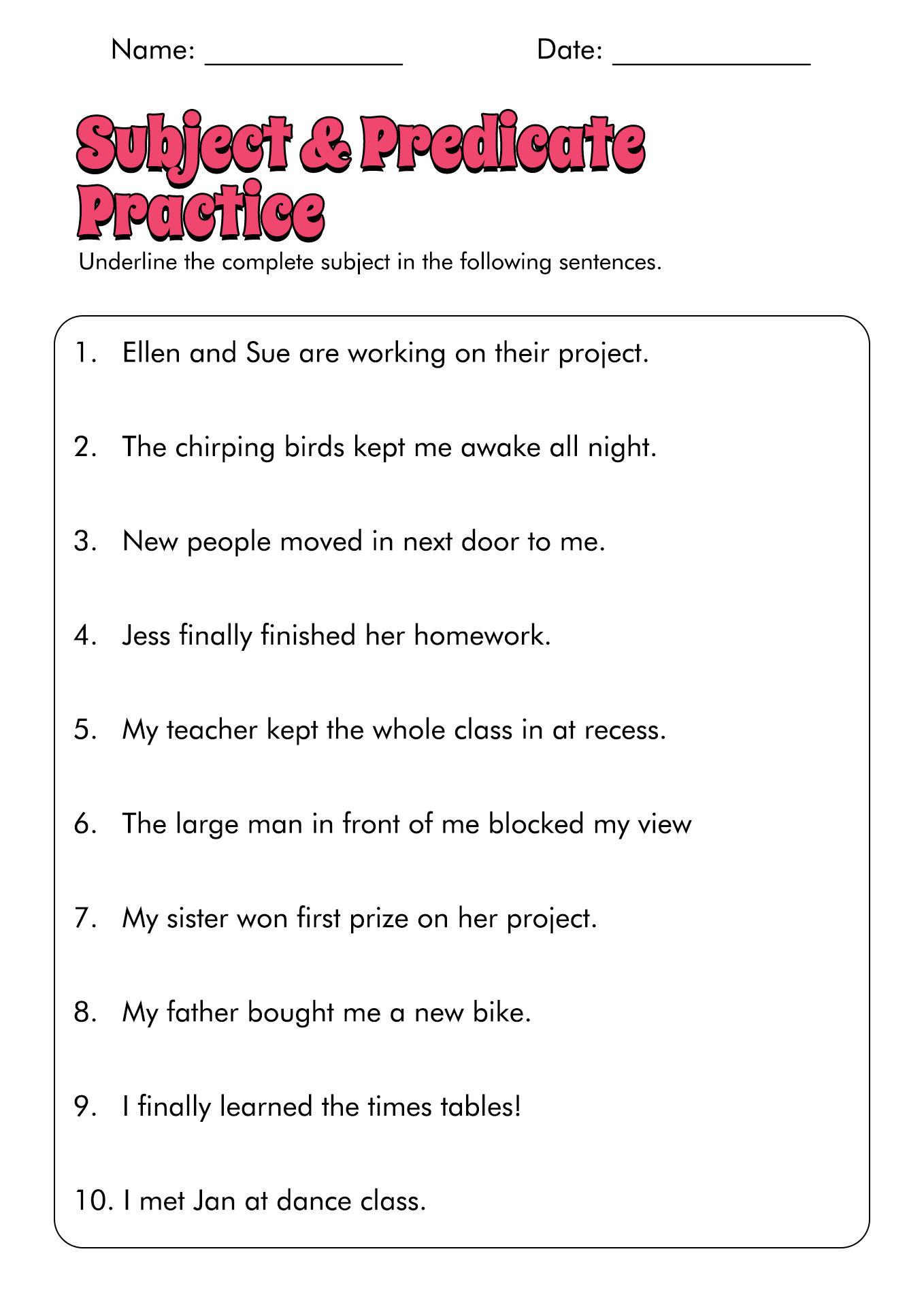 Subject and Predicate Sentences Worksheets Image