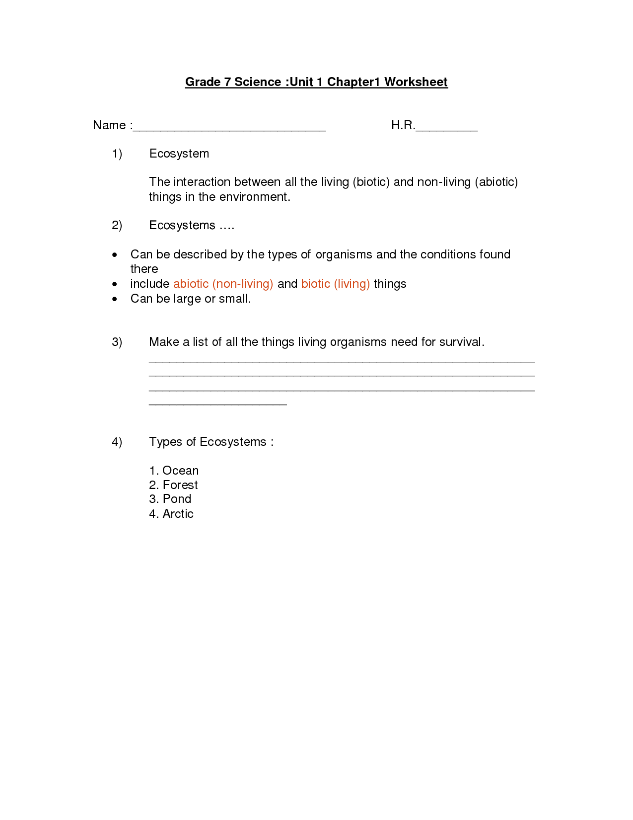 7th Grade Science Worksheets