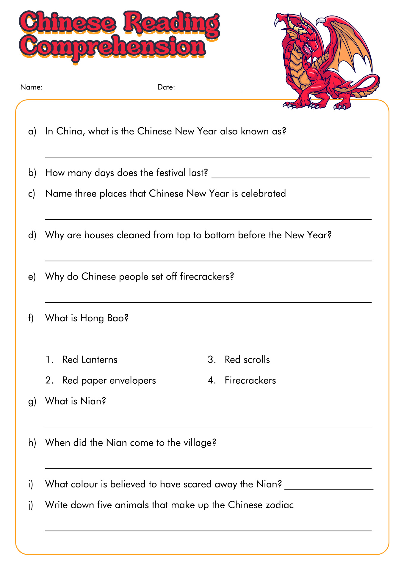 Chinese New Year Reading Comprehension