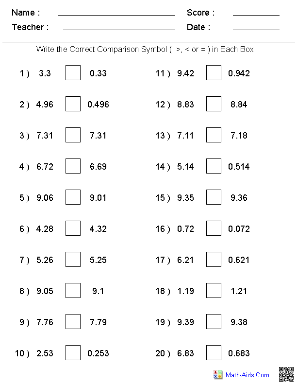 Comparing Decimals Worksheet 4th Grade Image