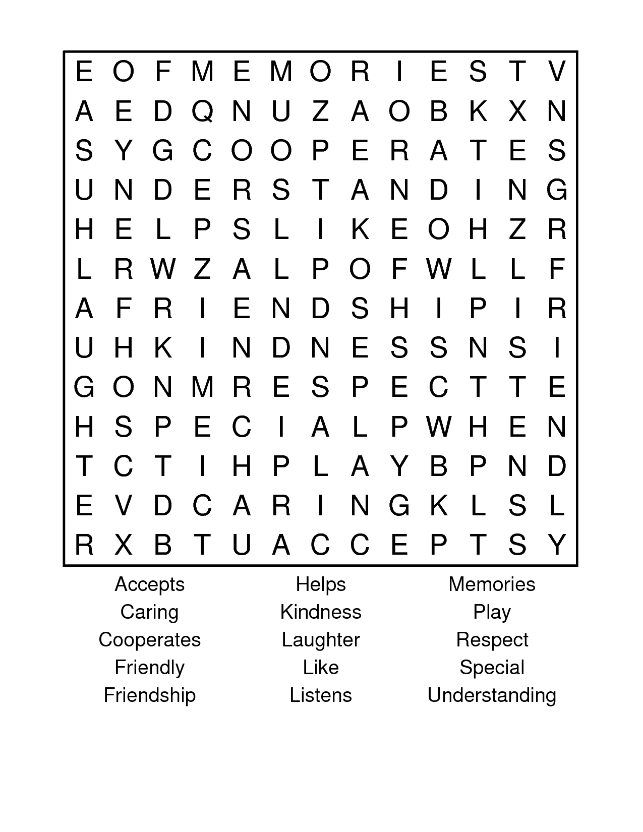 Friendship Word Search Puzzle